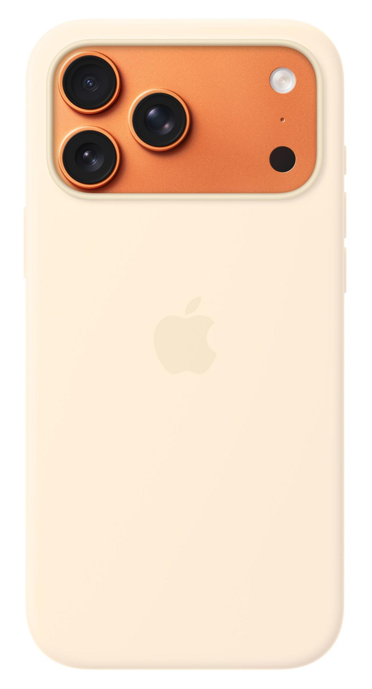 Un iPhone giallo chiaro con modulo fotocamera arancione e tre lenti.