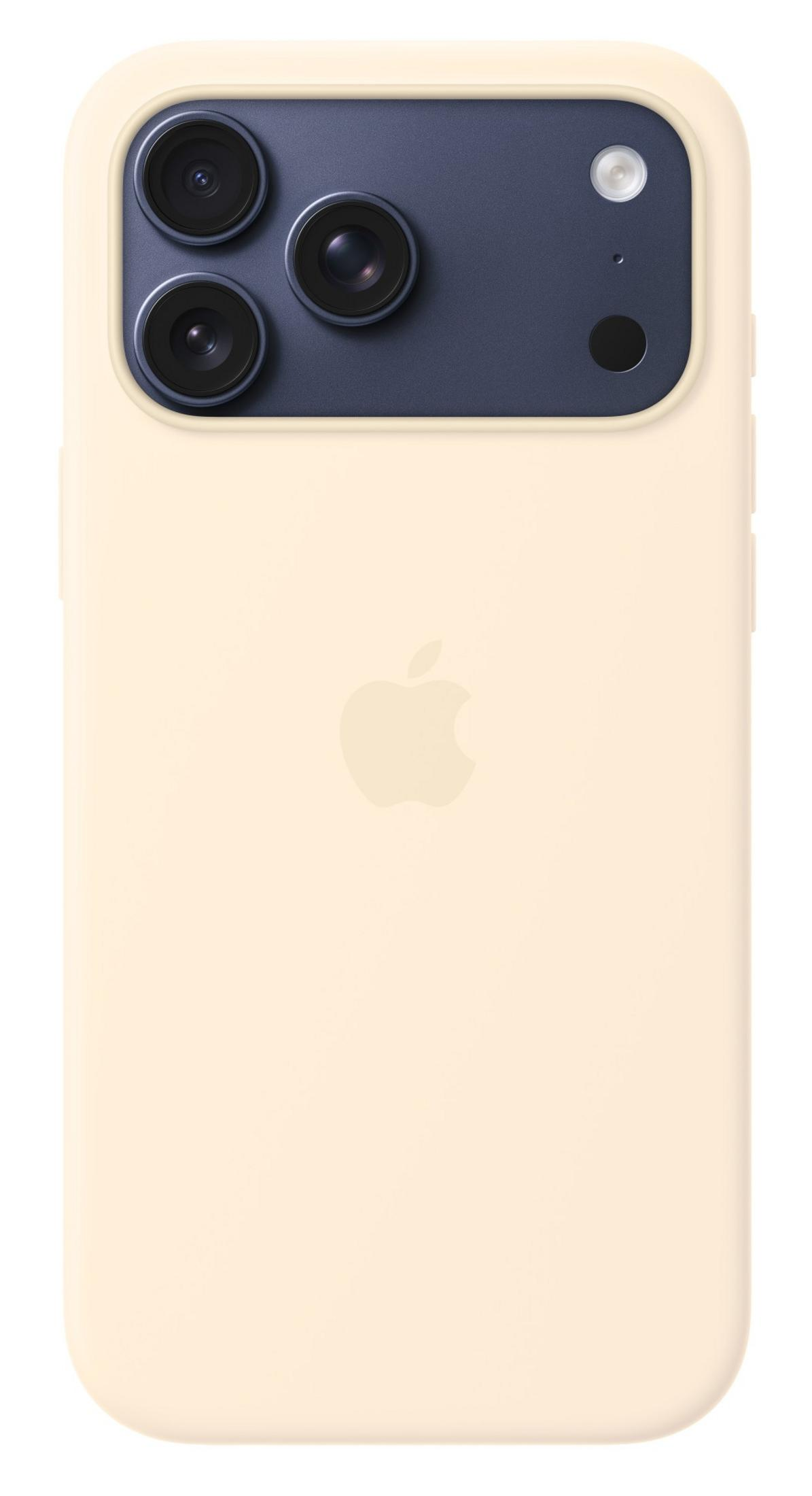 Un iPhone beige chiaro con modulo fotocamera scuro e tre lenti.