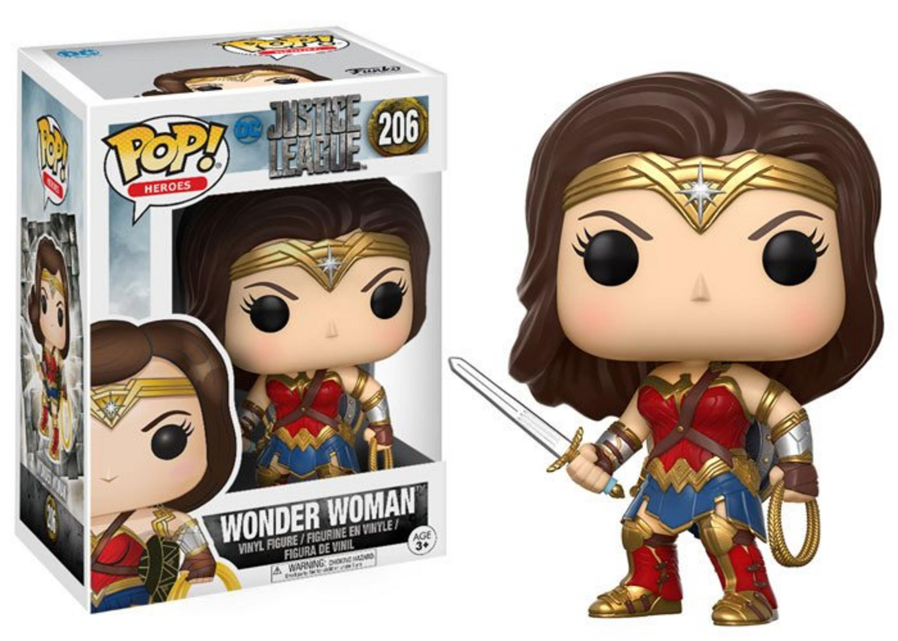 Action figure Funko Pop Wonder Woman con spada e lazo, in scatola.