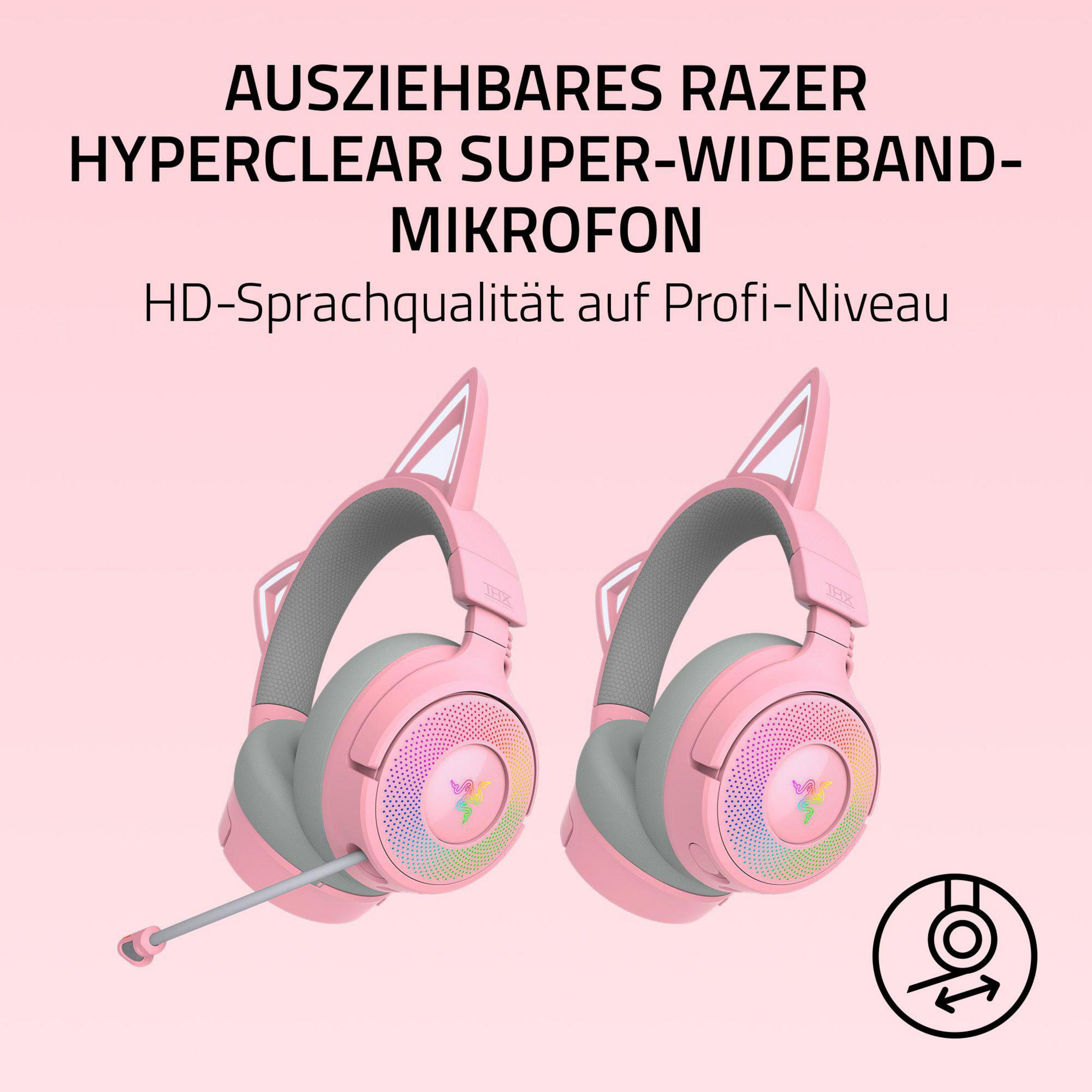 Zwei pinke Razer Kopfhörer mit Katzenohren und Mikrofon.
