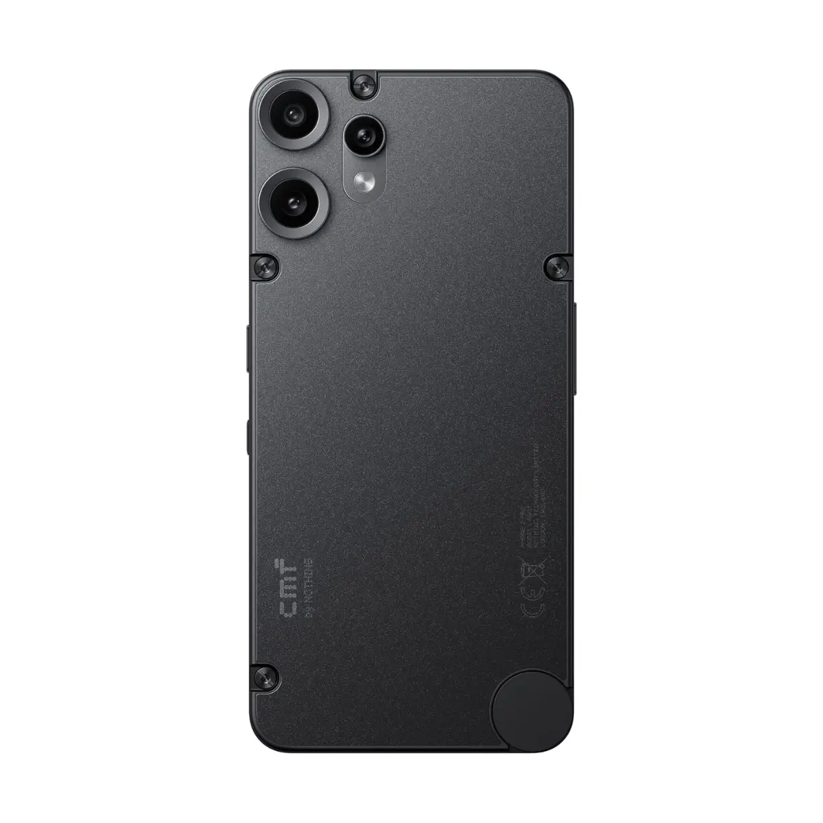 Retro di uno smartphone nero con tre fotocamere e logo.
