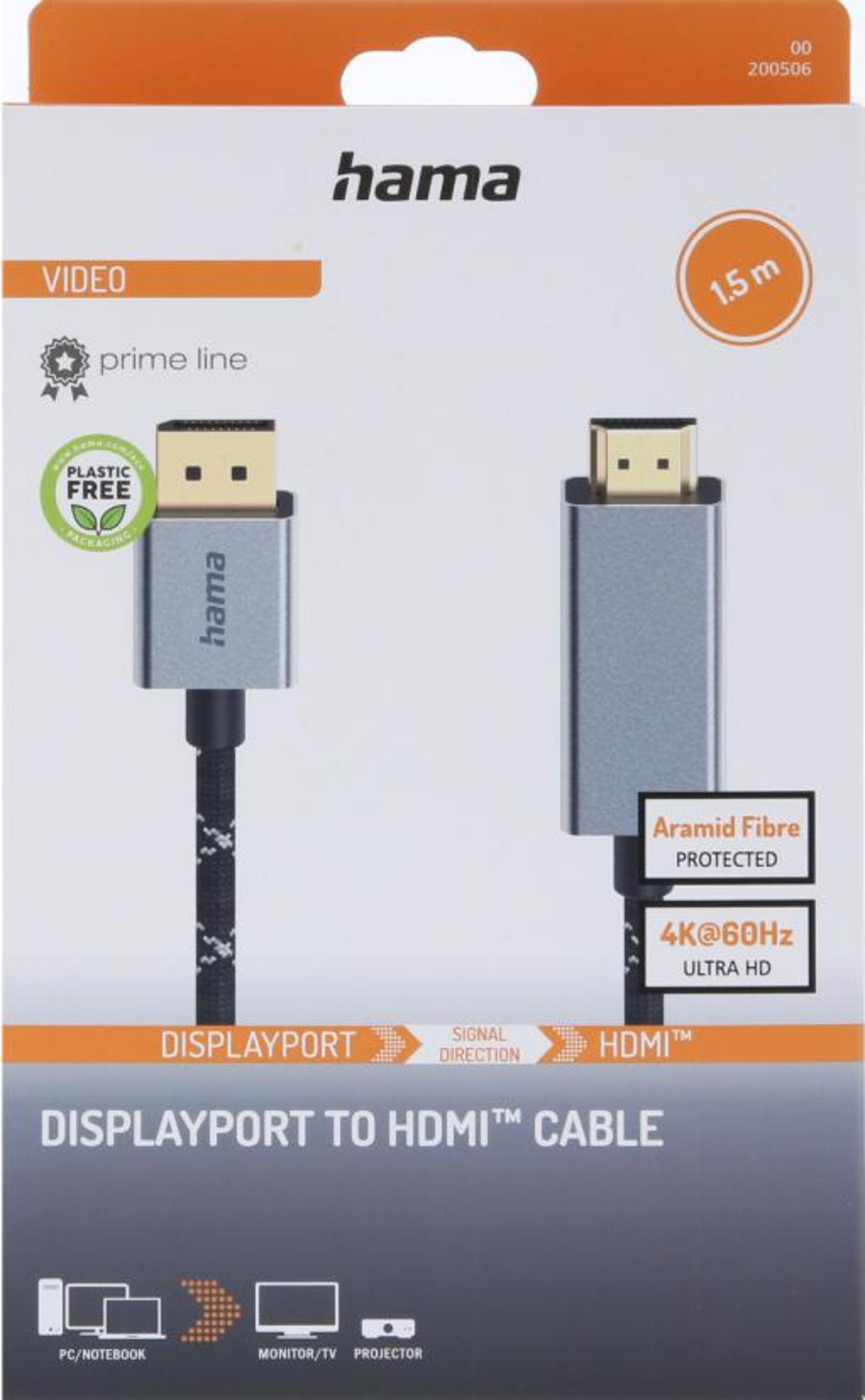 Cavo Hama Displayport a HDMI, 1,5m, 4K@60Hz, Fibra Arimidica protetta.