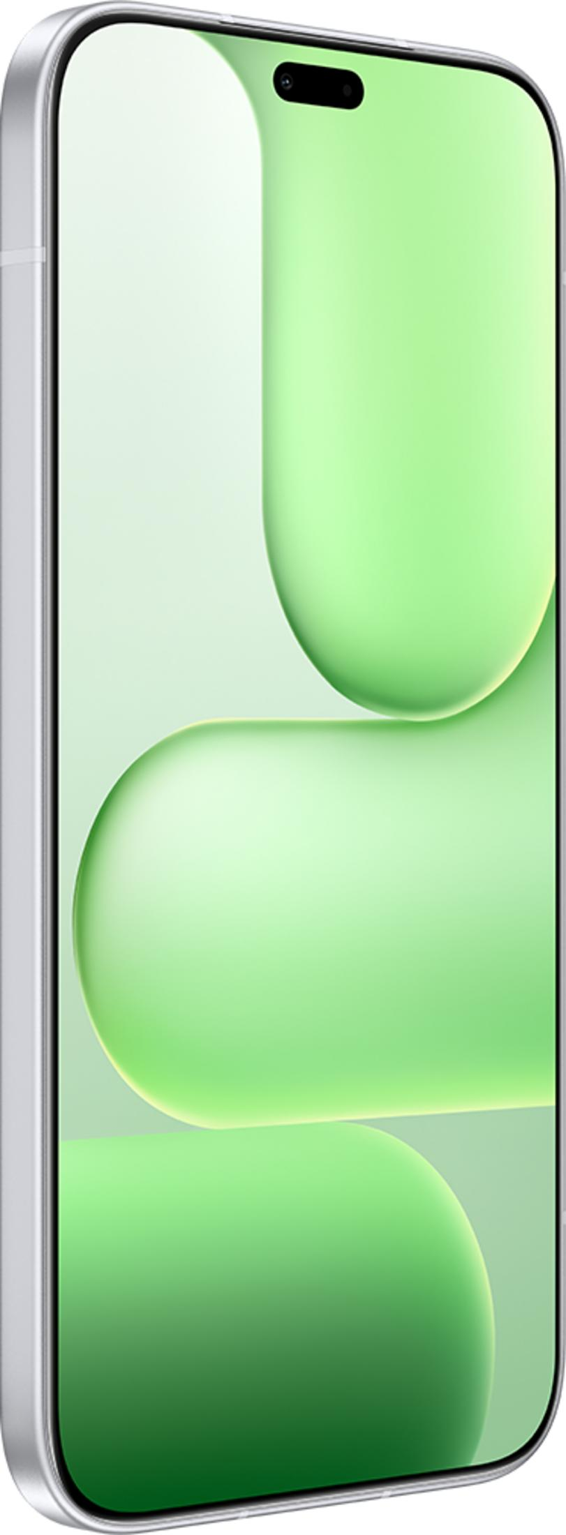 Un smartphone plateado con fondo verde y formas redondeadas.