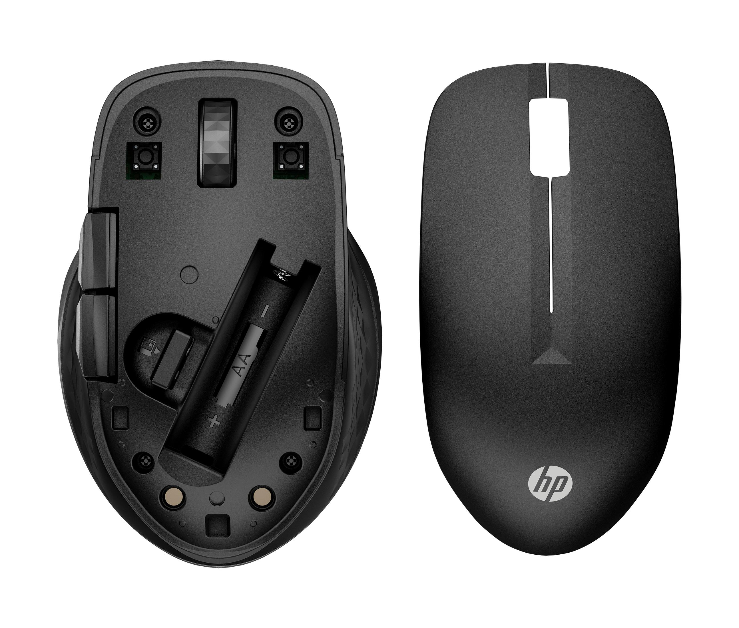 Ratón negro, parte superior con logo HP, inferior muestra compartimento de batería.