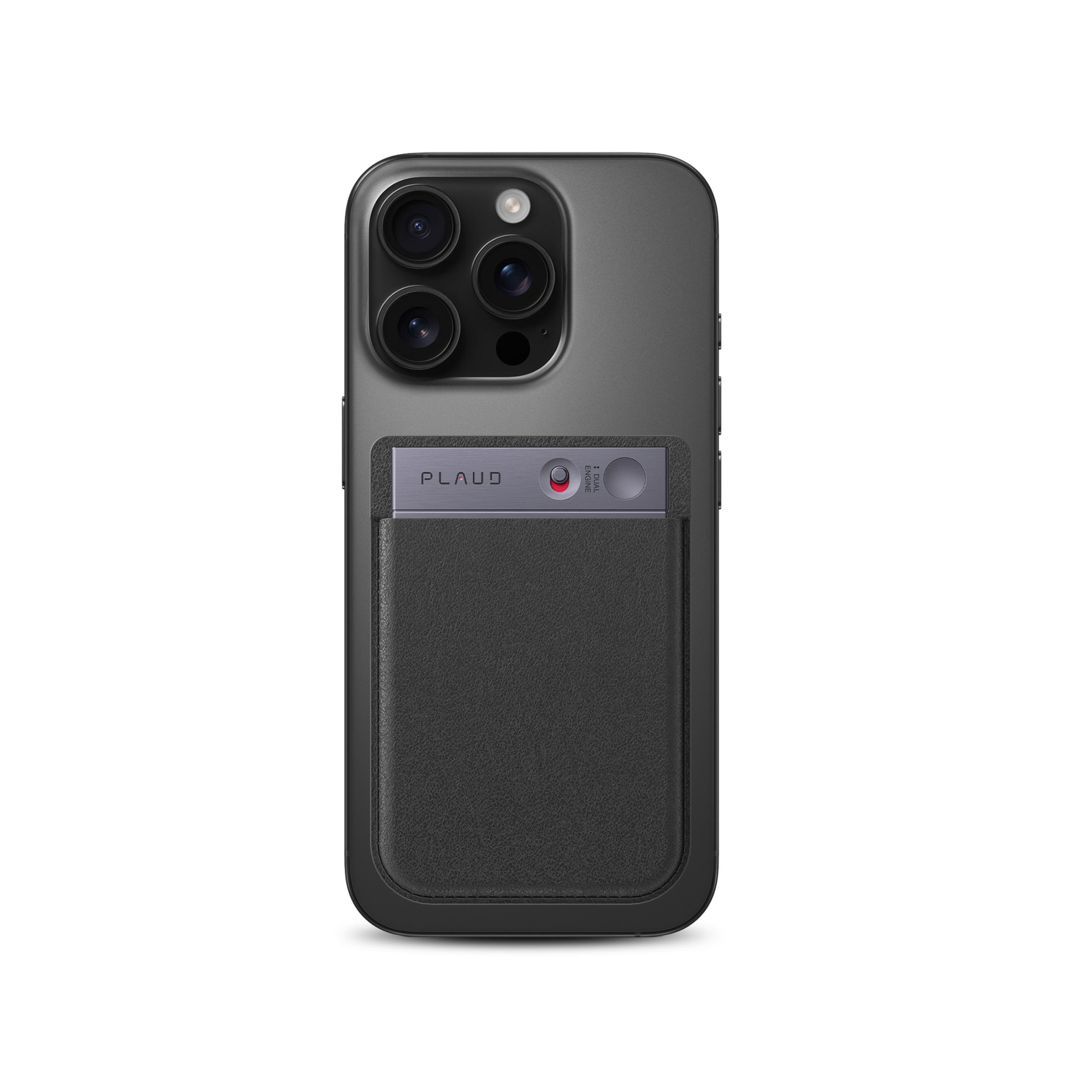 Szara obudowa iPhone'a ze skórzanym etui na karty i trzema obiektywami.