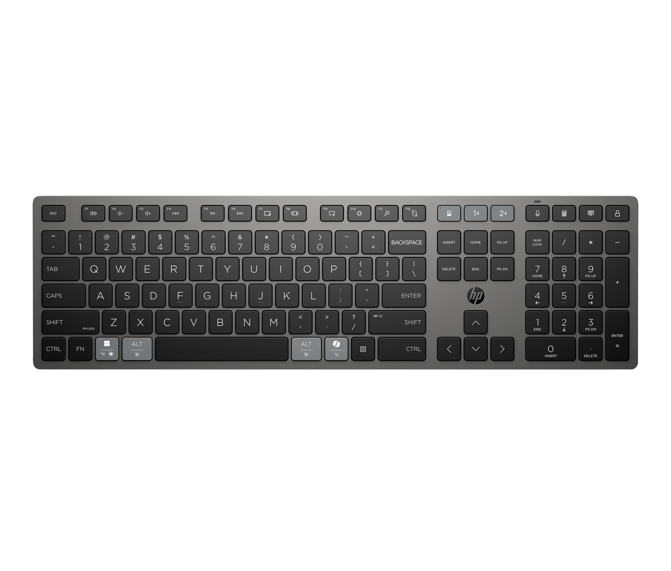 Tastiera wireless HP grigia con tastierino numerico su sfondo bianco.