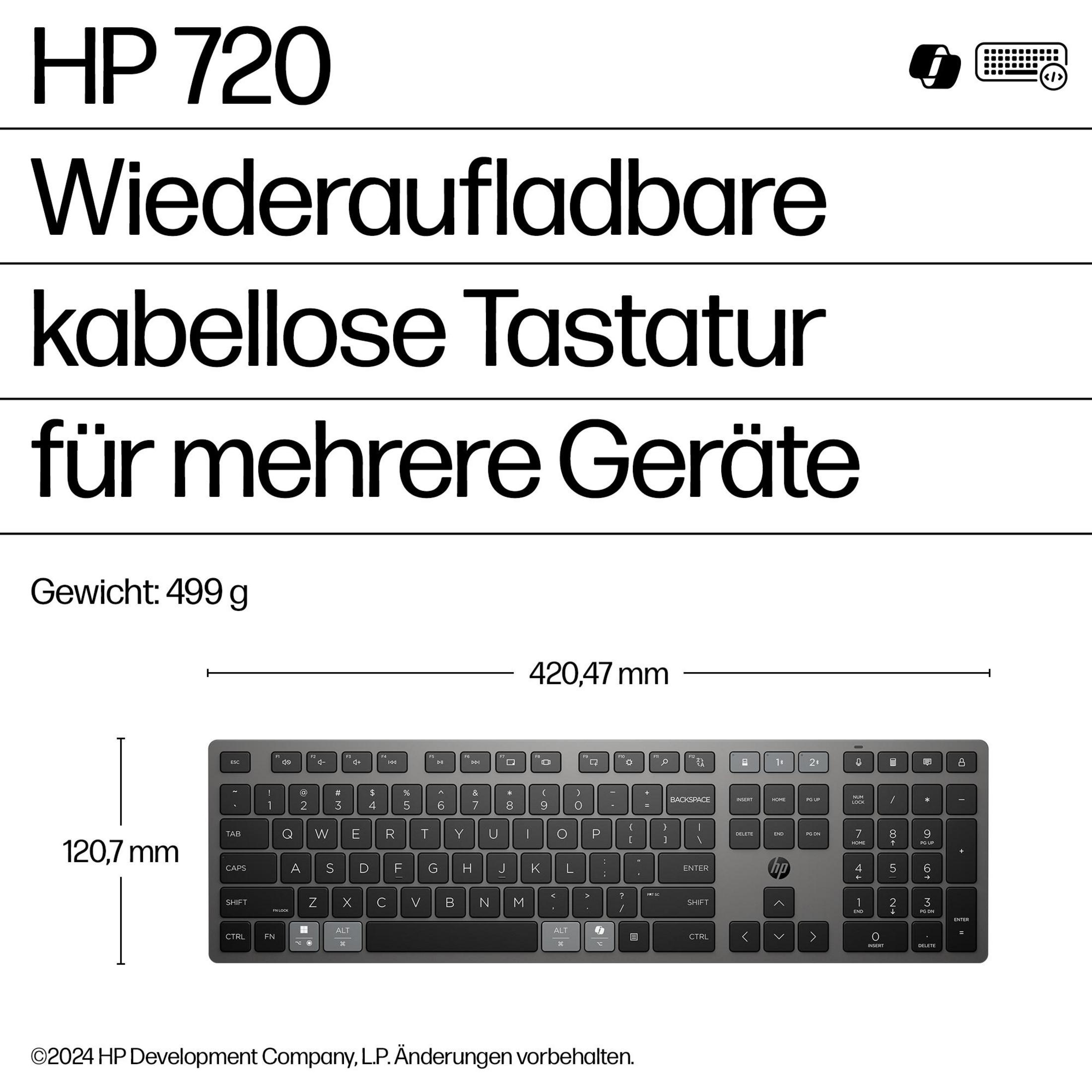 Tastiera wireless HP 720 con dimensioni e peso.
