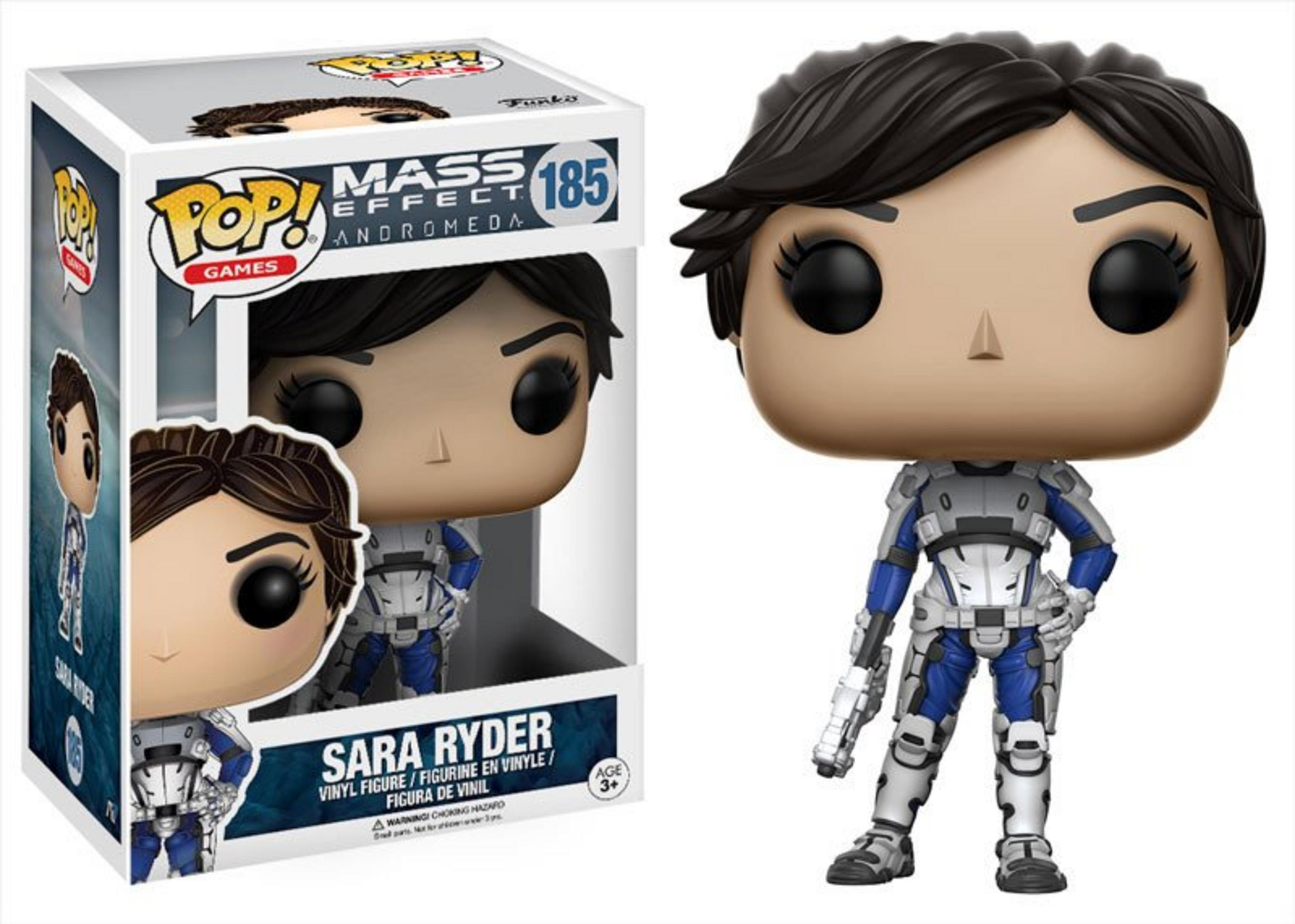 Action figure Funko Pop in vinile di Sara Ryder da Mass Effect Andromeda in armatura bianca e blu.