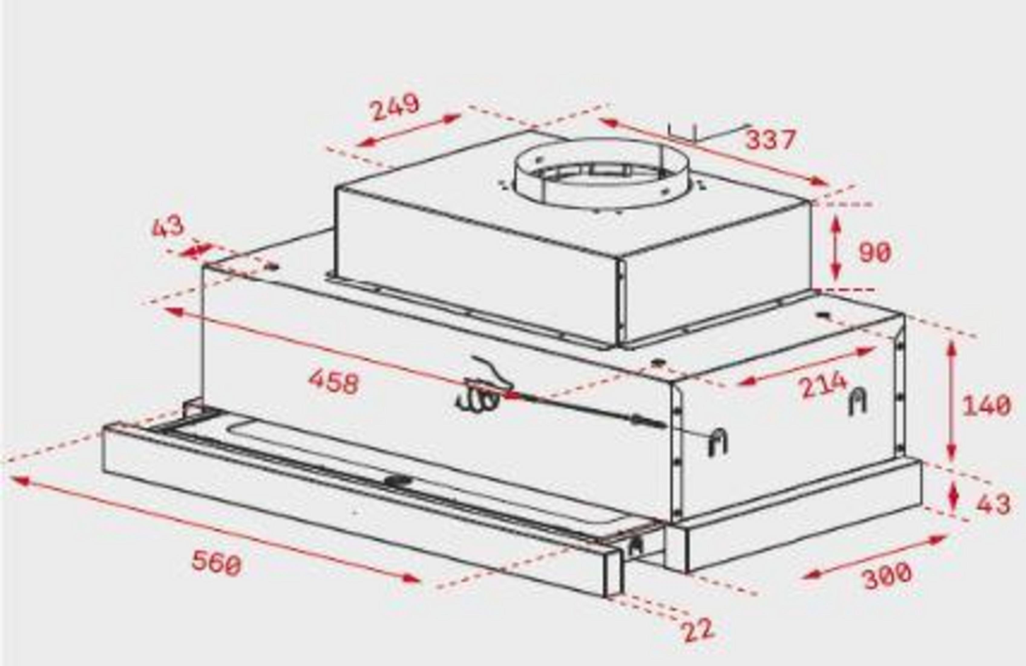 Disegno tecnico di una cappa aspirante con dimensioni.