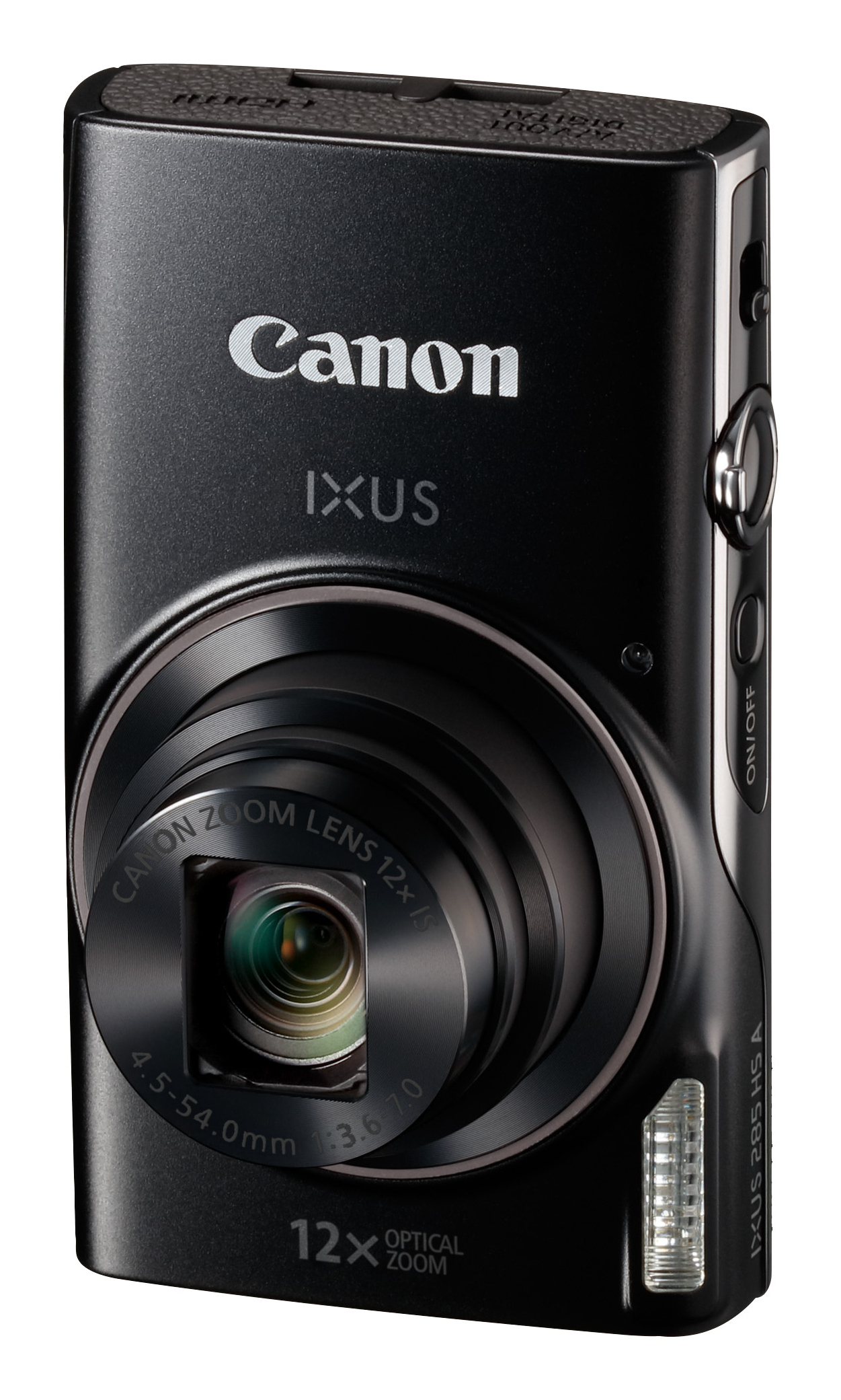 Schwarze Canon IXUS Digitalkamera mit 12x optischem Zoom und Objektiv.