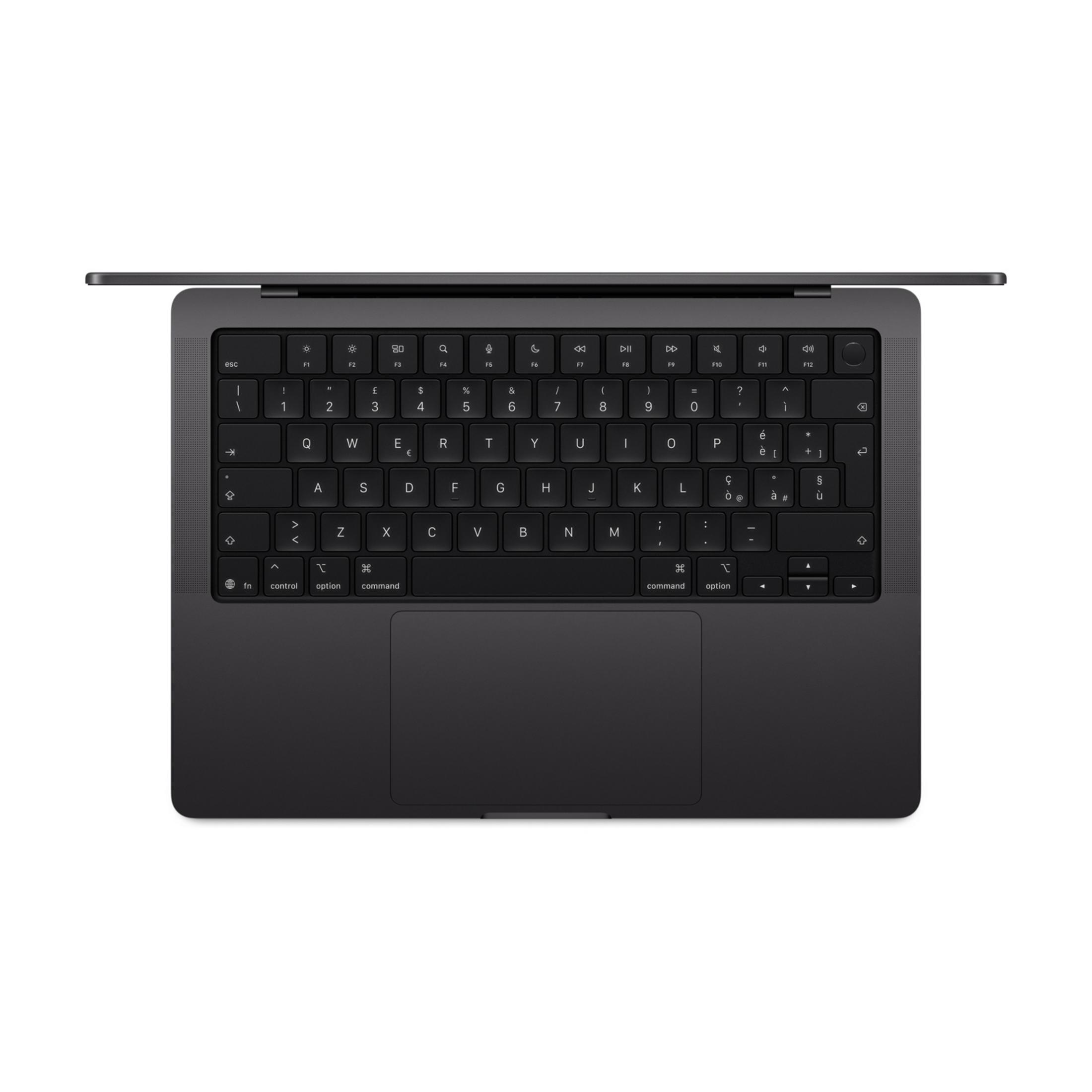 MacBook grigio scuro visto dall'alto, con tastiera e trackpad.