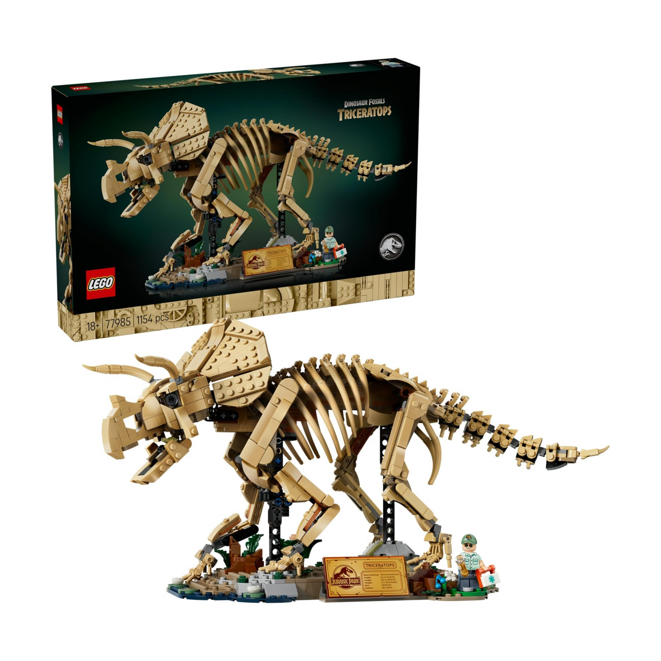 Set scheletro Triceratopo LEGO con scatola. Un modello dettagliato di scheletro di dinosauro.