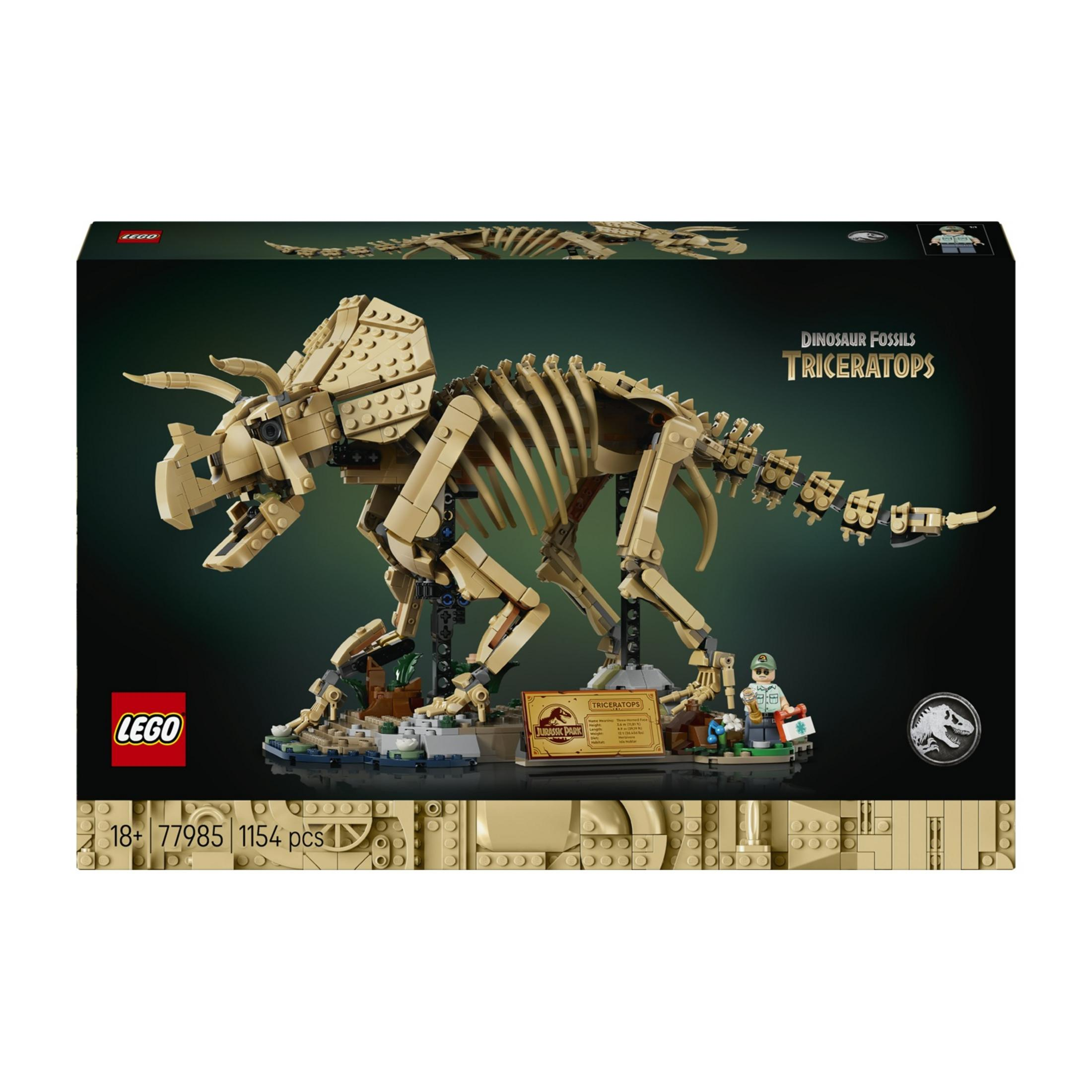 Set LEGO scheletro di Triceratopo su sfondo scuro con logo Jurassic Park.