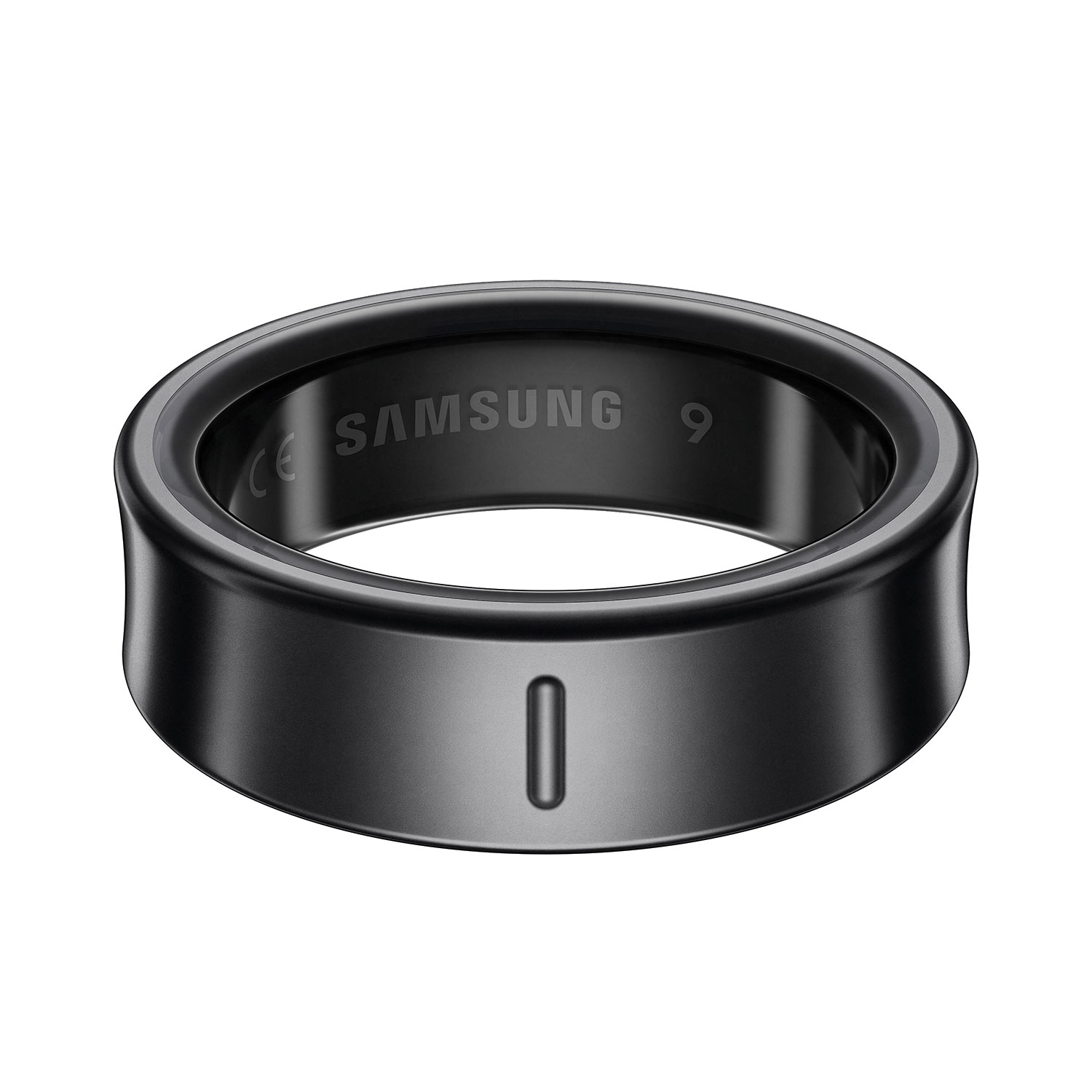 Un anello Samsung nero con una fessura verticale e iscrizione "SAMSUNG 9".