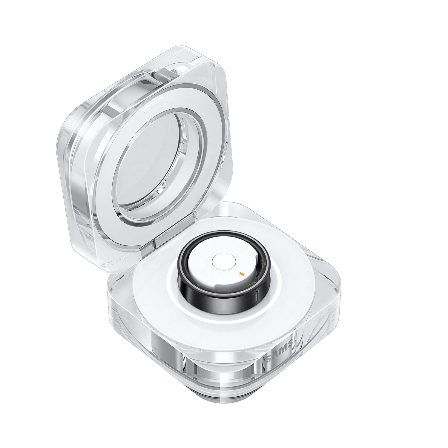 Custodia trasparente con auricolare bianco e anello argento.