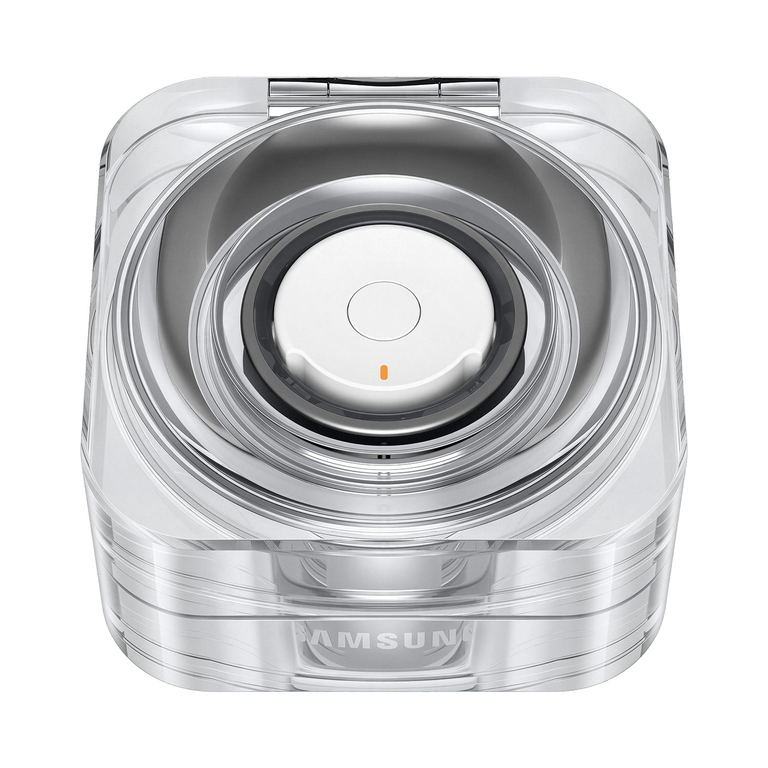 Custodia trasparente con auricolari argento e bianchi. Logo Samsung visibile.