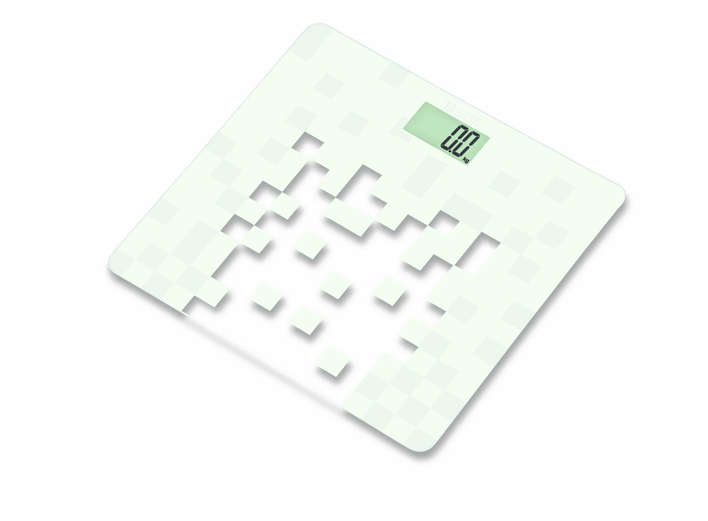Eine weiße digitale Personenwaage mit einem hellgrünen Display, das 0,0 kg anzeigt.