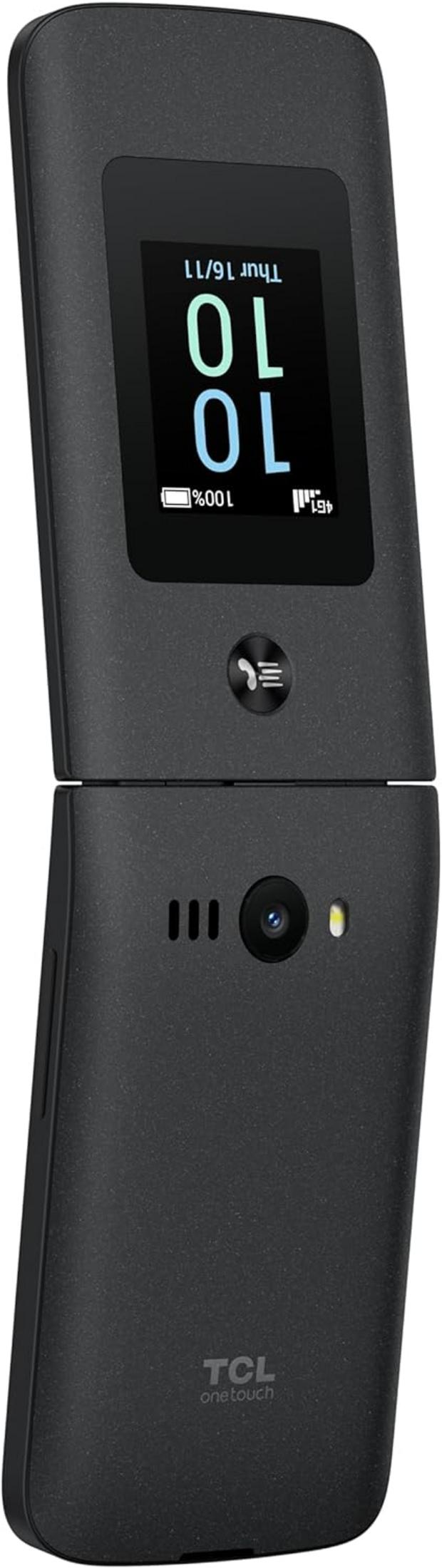 Un telefono a conchiglia nero aperto che mostra 10:10 sullo schermo.