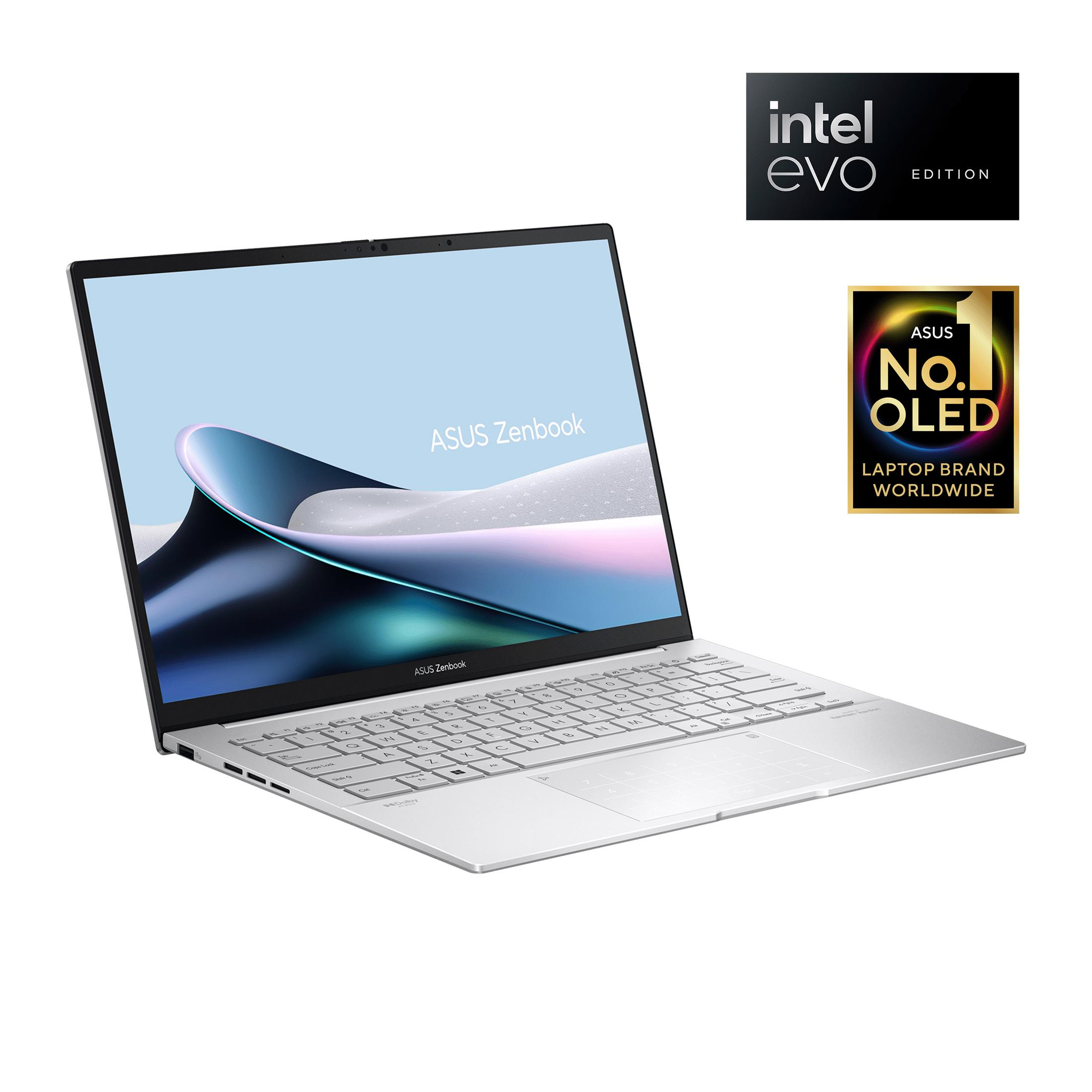 Un portátil Asus Zenbook plateado con pegatina Intel Evo y pegatina Asus Nº 1 OLED.