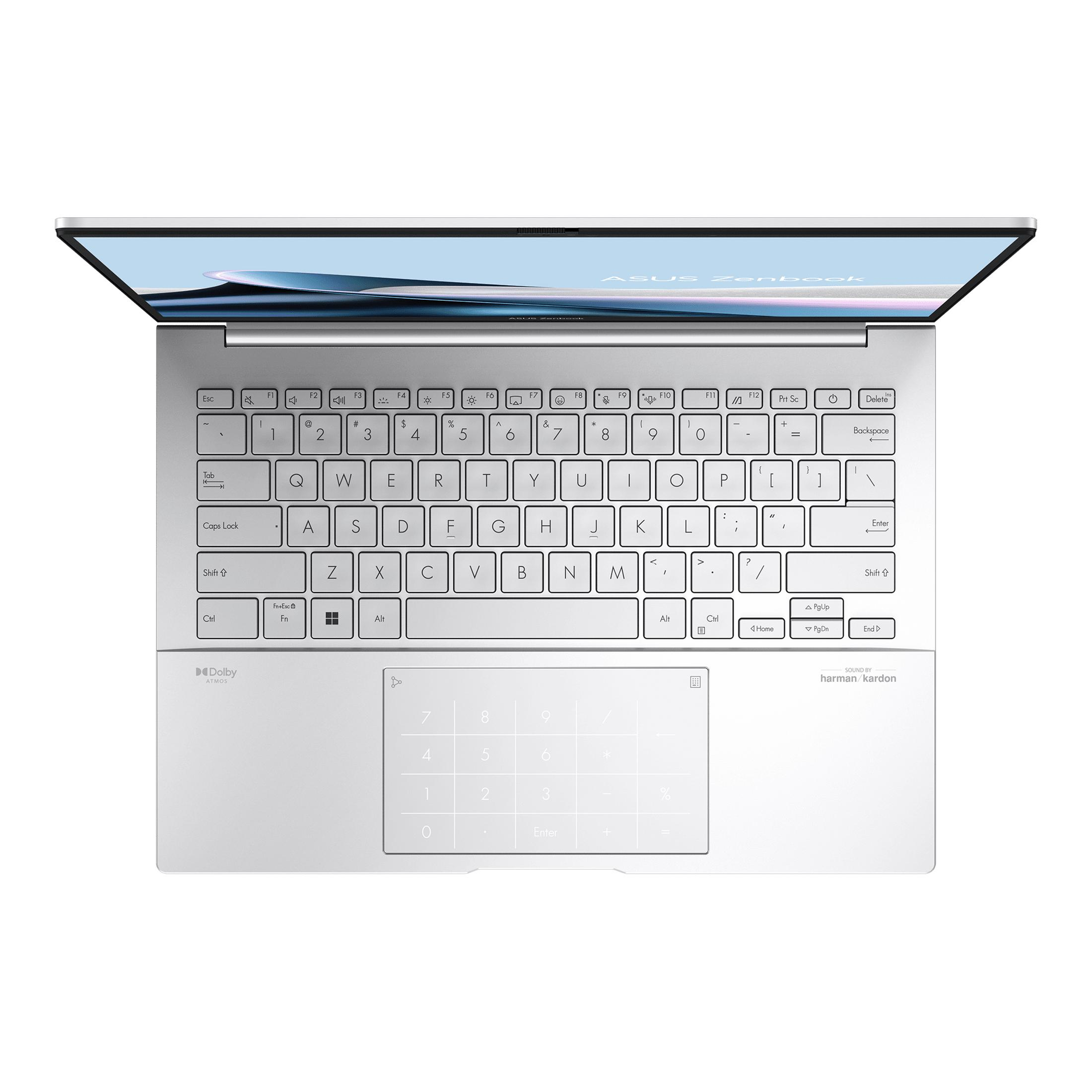 Portátil plateado ASUS Zenbook con teclado y panel numérico en el touchpad.