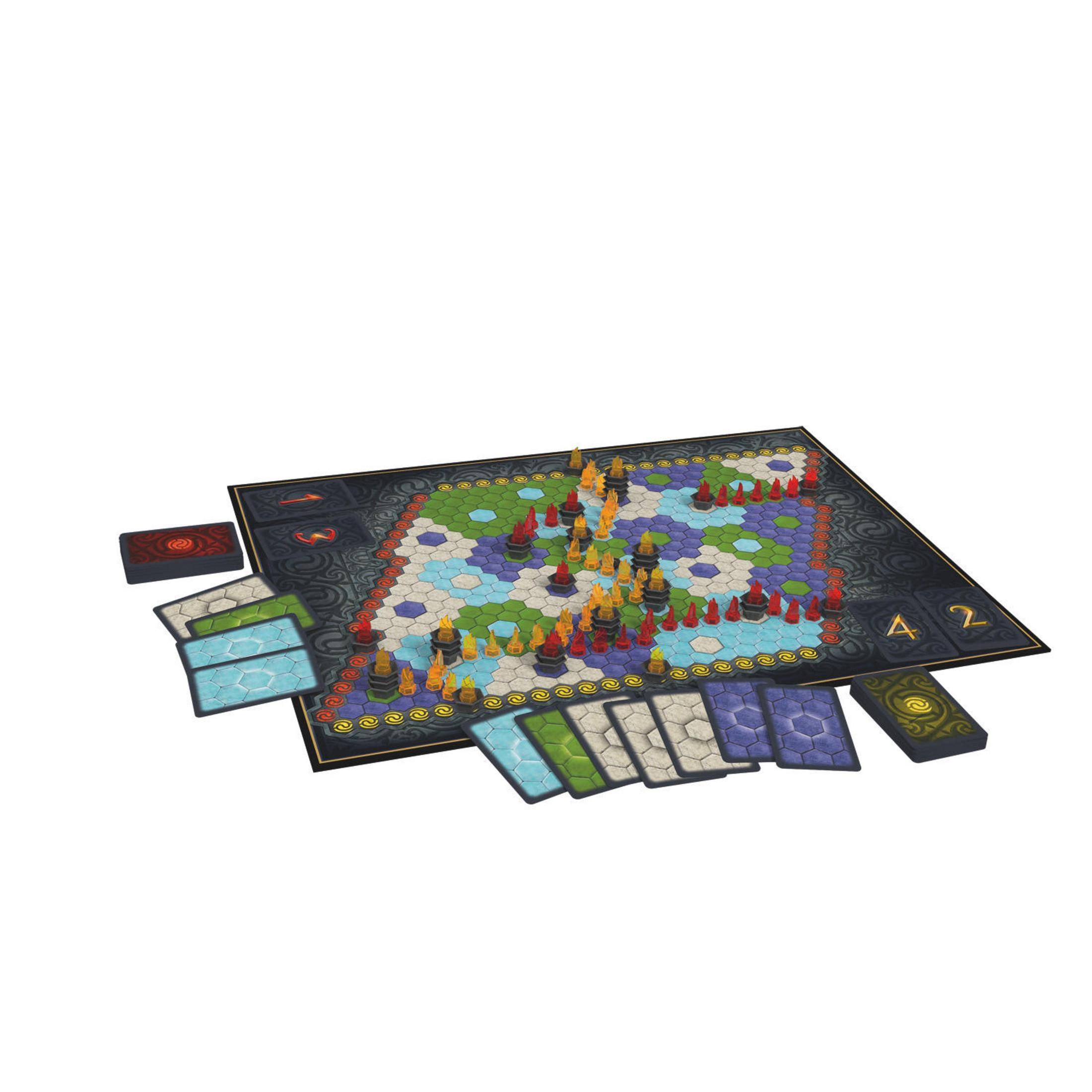 Ein Brettspiel mit bunten sechseckigen Feldern und Spielfiguren.