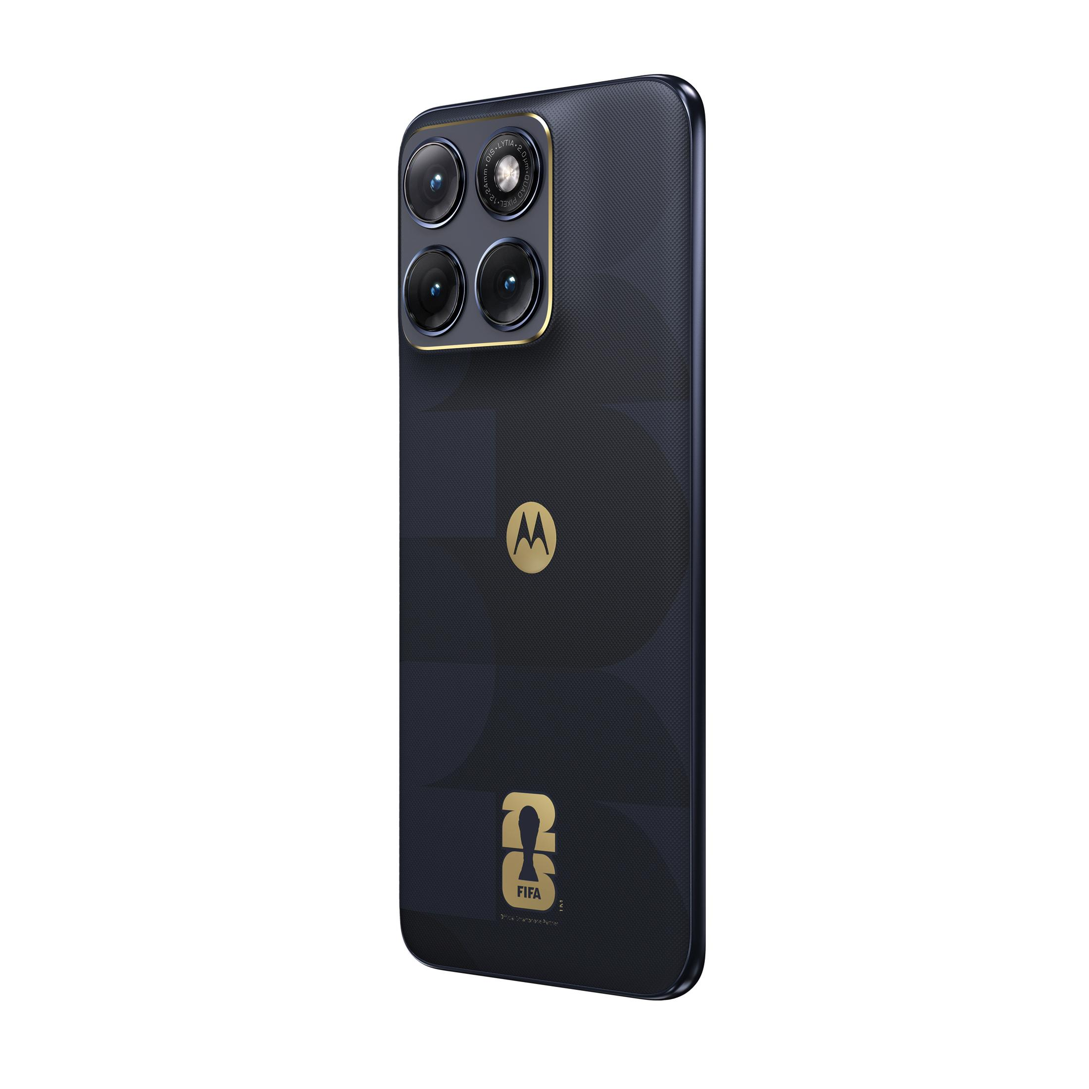 Smartphone blu scuro con quattro fotocamere, logo Motorola e marchio FIFA.