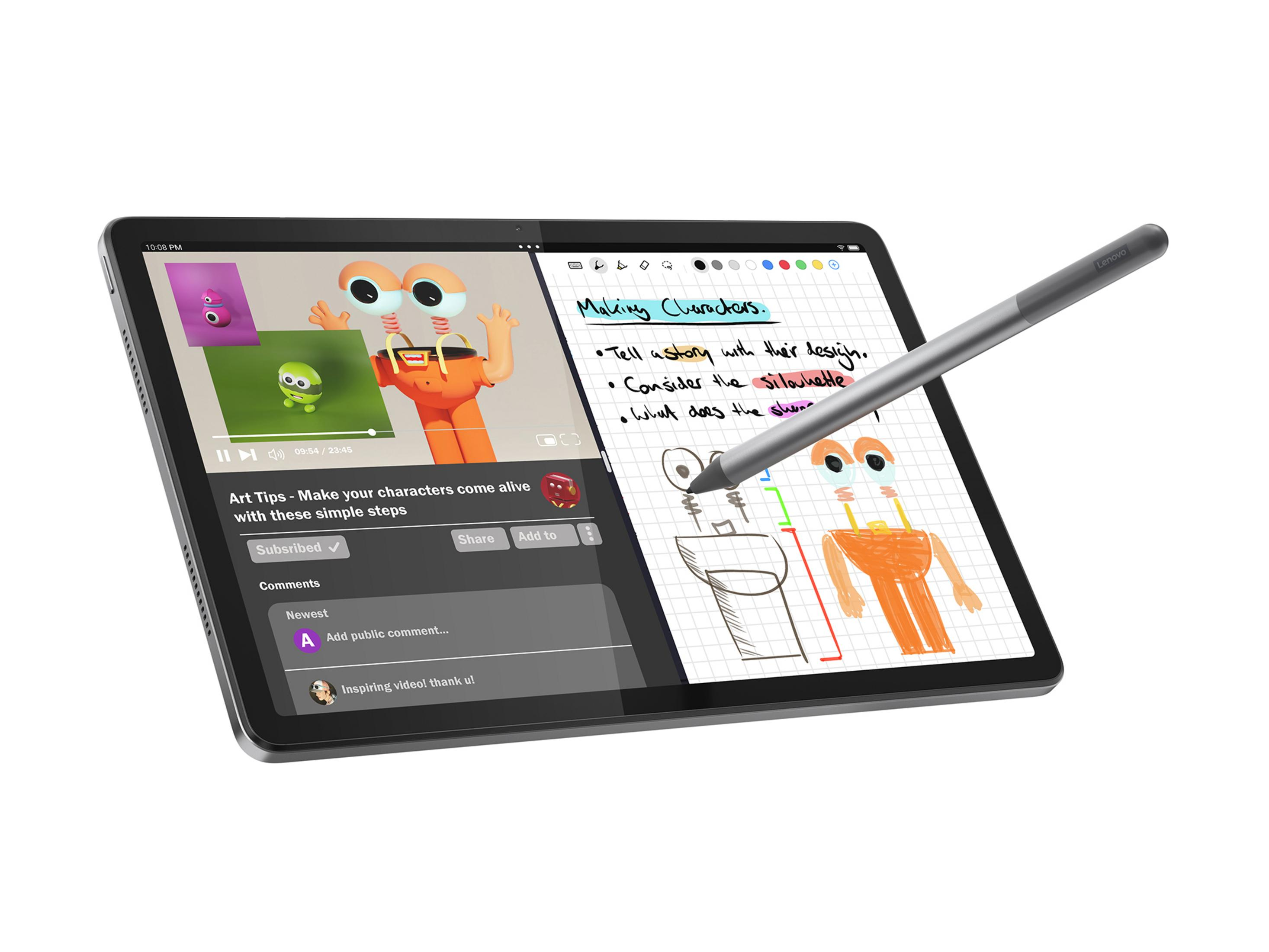 Una tableta muestra una interfaz de tutorial en video y una app de dibujo con lápiz.