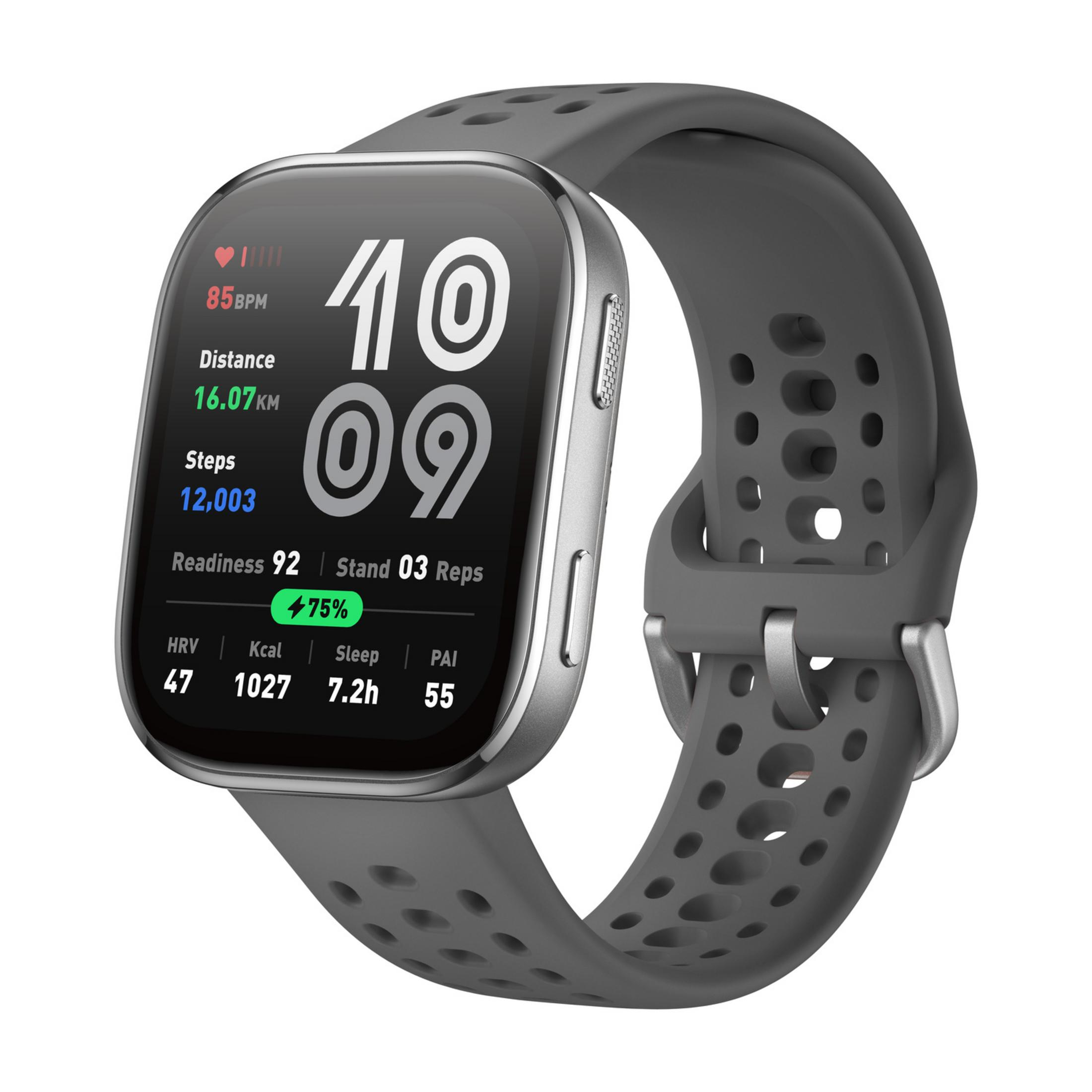 Reloj inteligente gris con caja plateada que muestra frecuencia cardíaca, distancia, pasos y más.