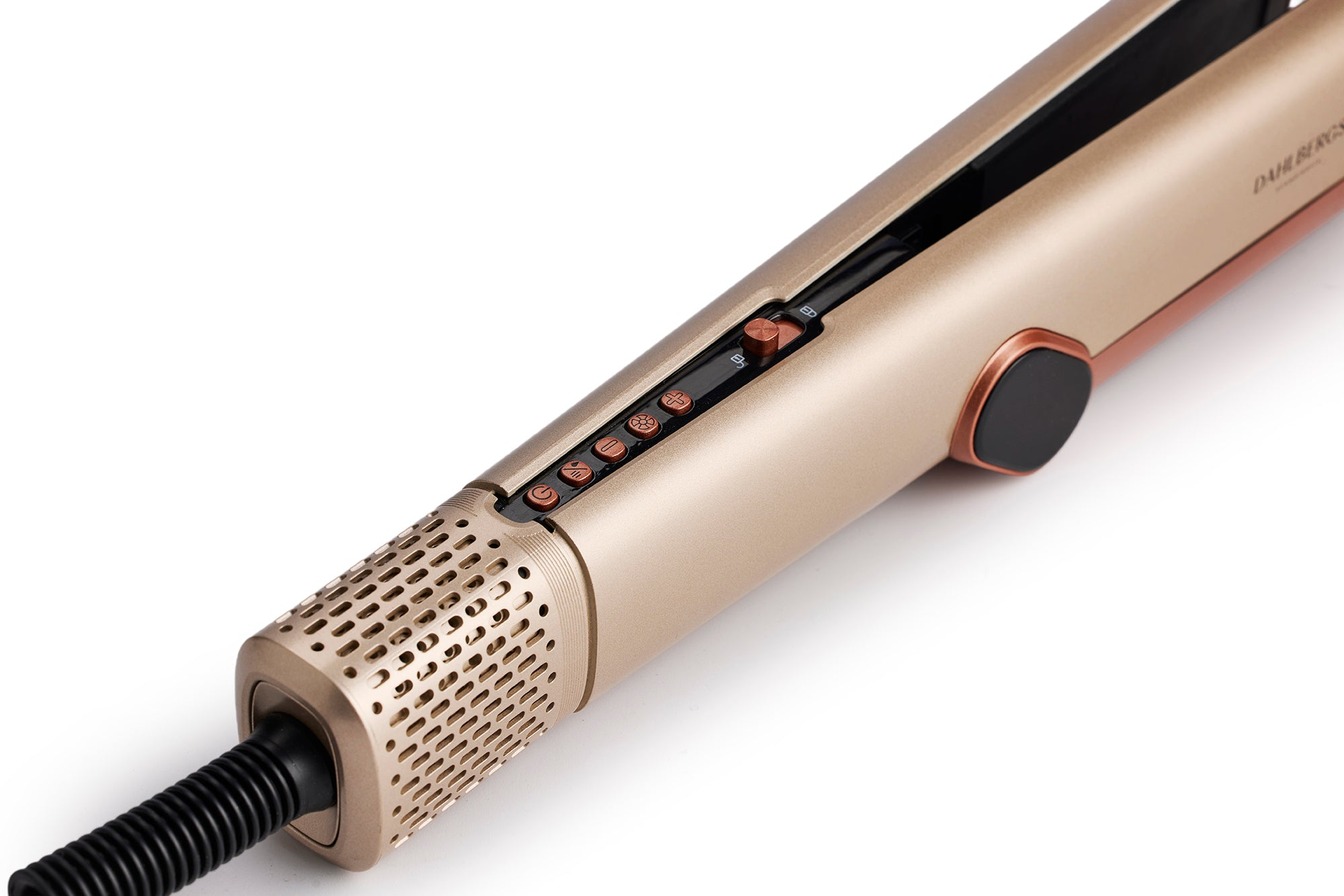 Plancha de pelo dorada con controles y ventilaciones.