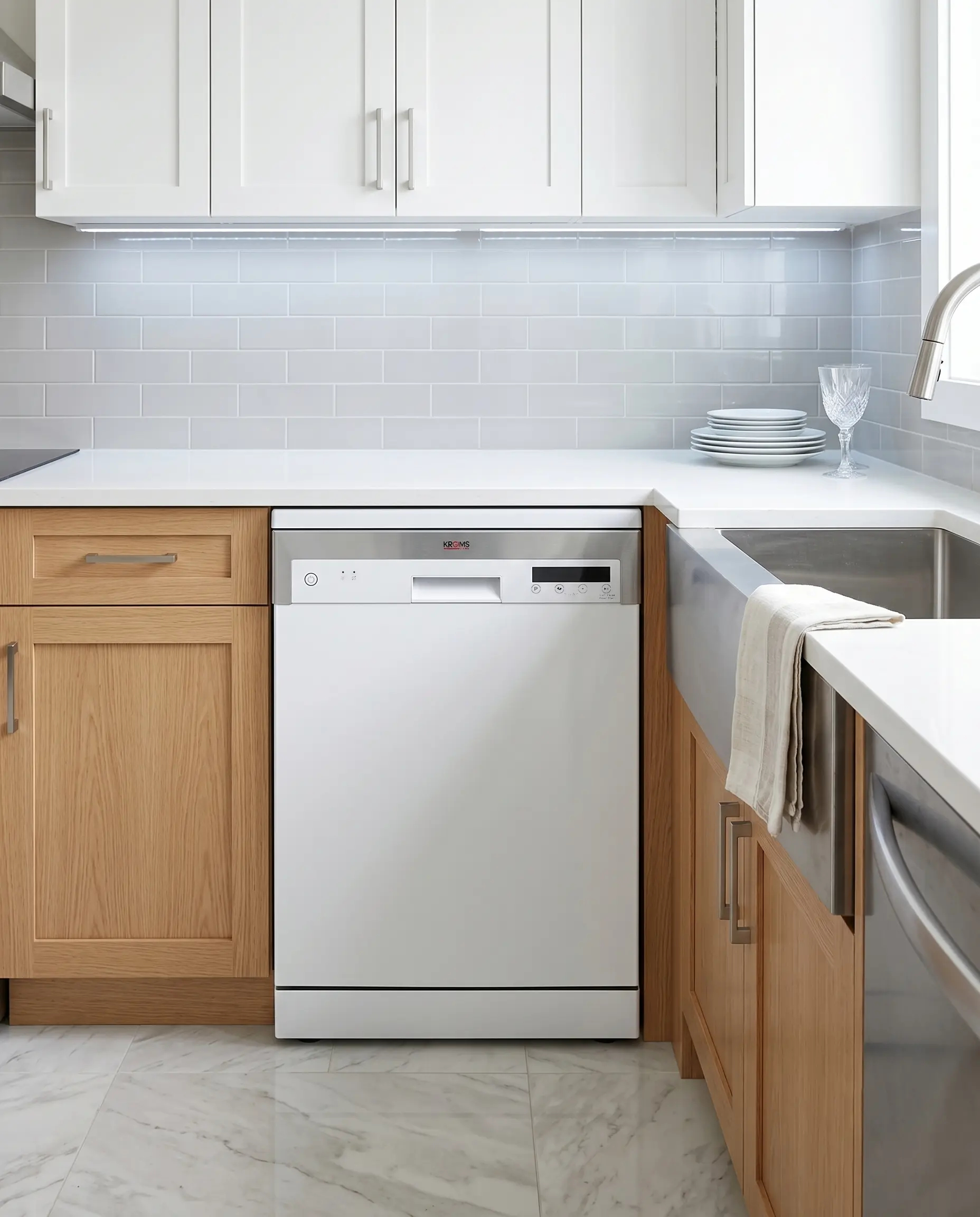 Cocina moderna con gabinetes superiores blancos, inferiores de madera, lavavajillas y fregadero.