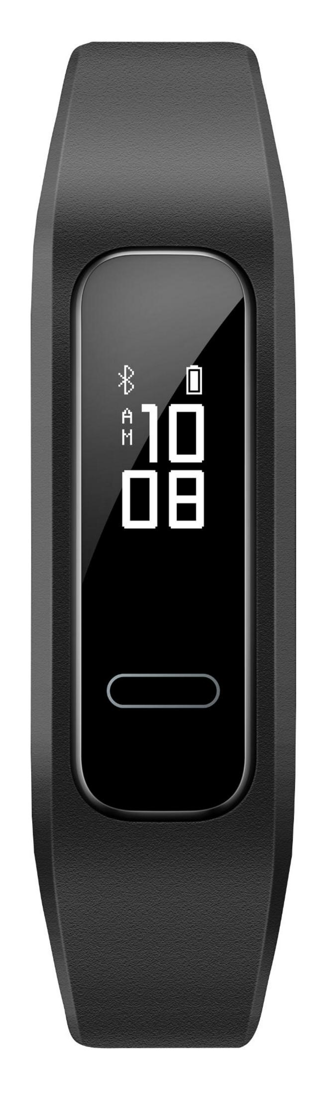 Pulsera de actividad negra muestra hora digital 10:08, icono Bluetooth y nivel de batería.