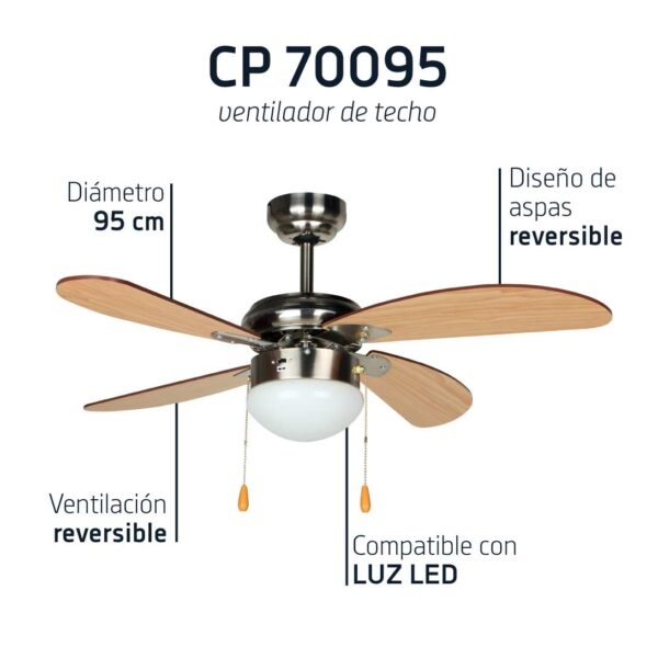 Ventilatore da soffitto CP 70095 con 5 pale in legno e luce, 95 cm.