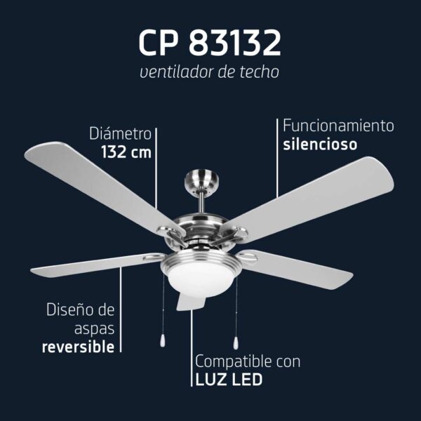 Ventilador de techo CP 83132 con 5 aspas plateadas y luz LED.