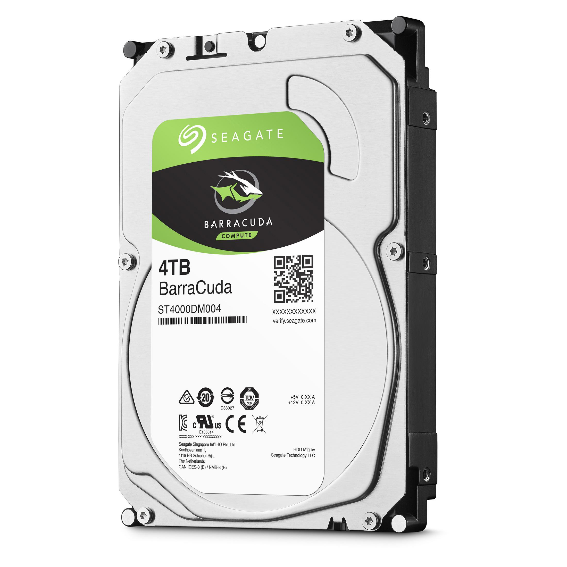 Silberne Seagate Barracuda 4TB Festplatte mit schwarzem Anschluss und Aufkleber.