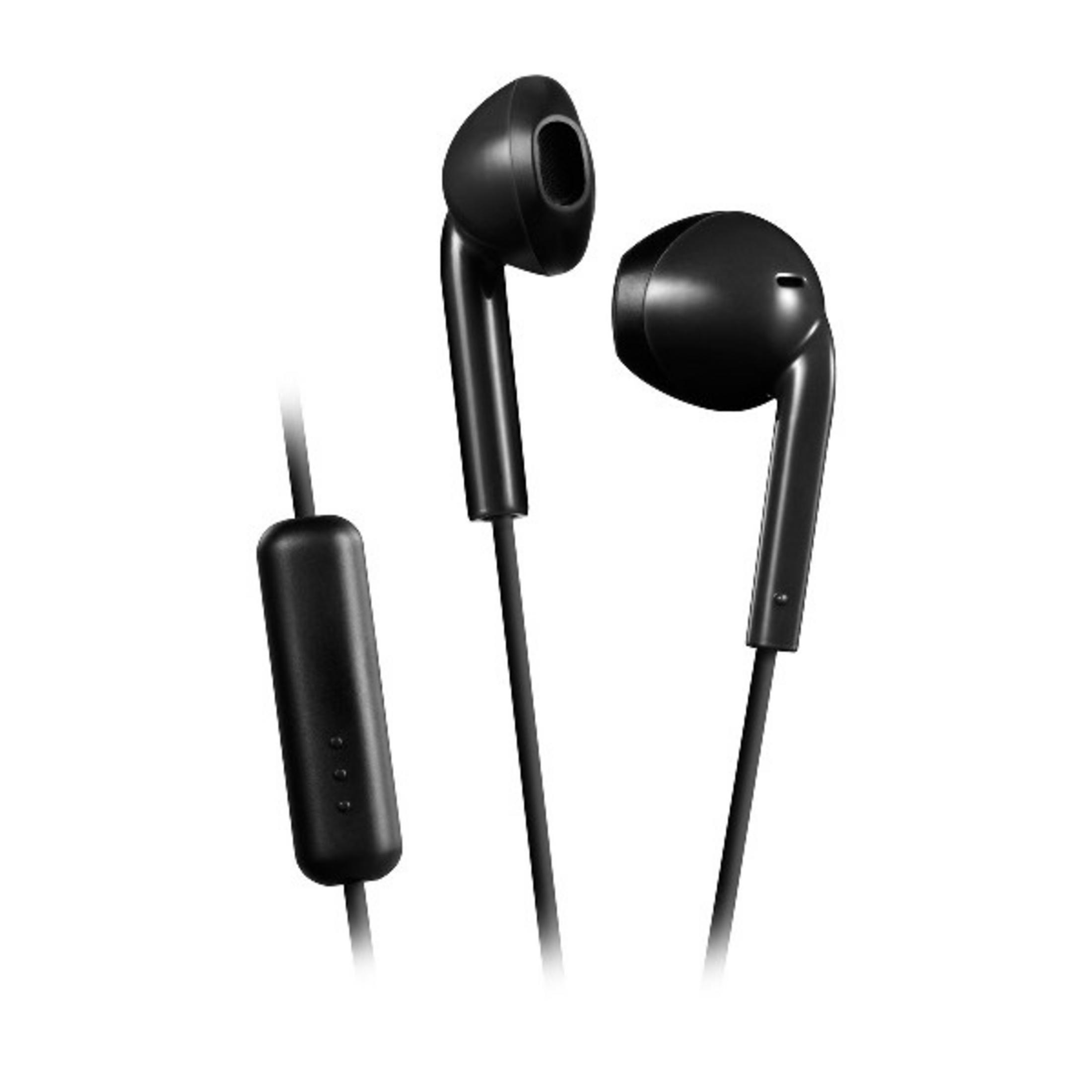 Auricolari in-ear neri con cavo e microfono in linea su sfondo bianco.