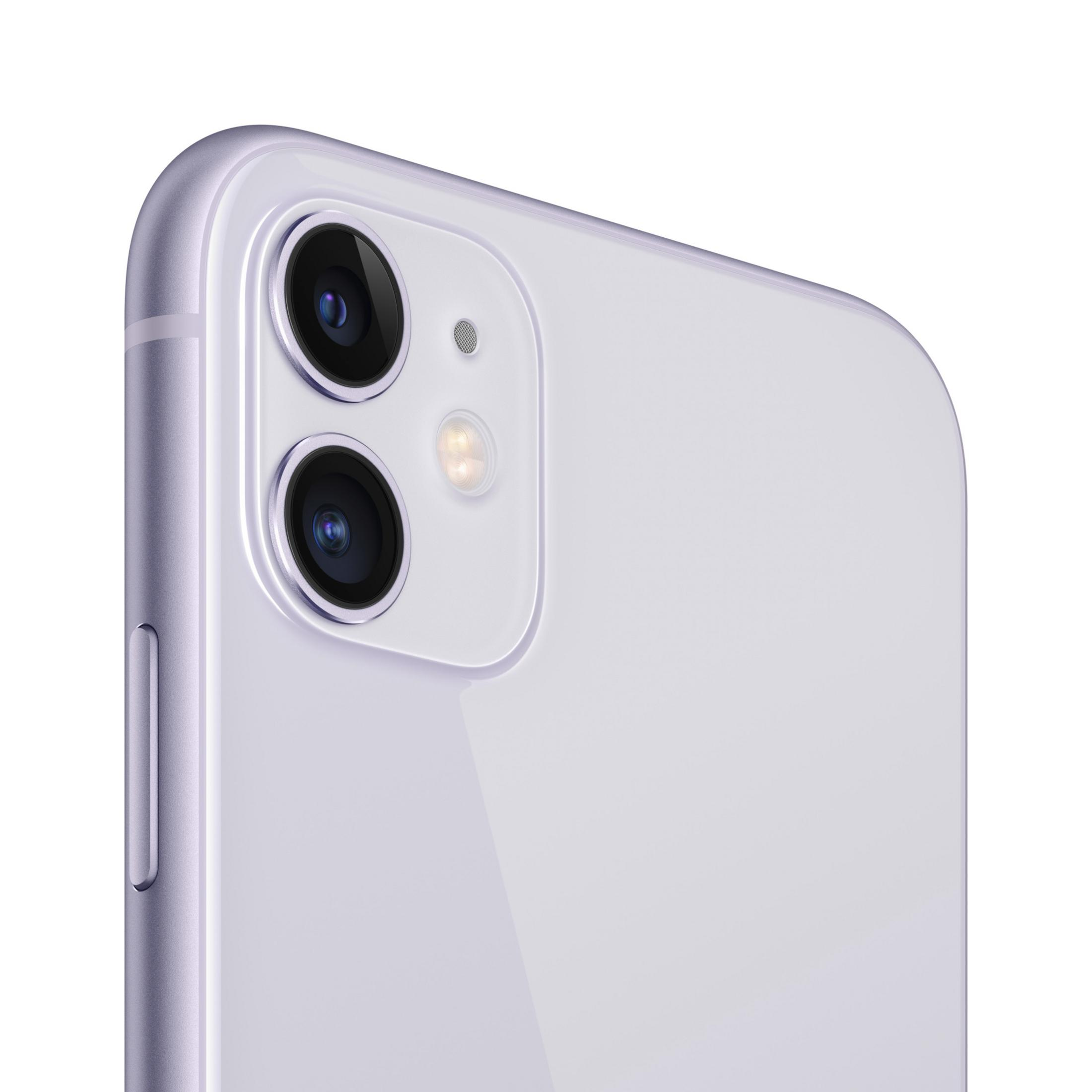 Primo piano del retro di un iPhone 11 viola con doppia fotocamera.