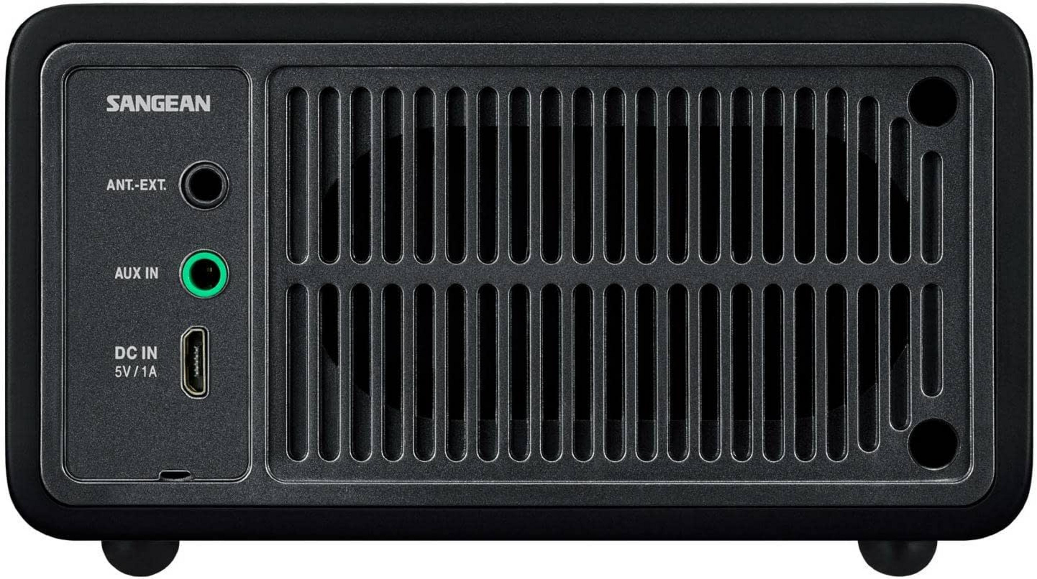 Retro di una radio Sangean nera con porte ANT-EXT, AUX IN e DC IN.