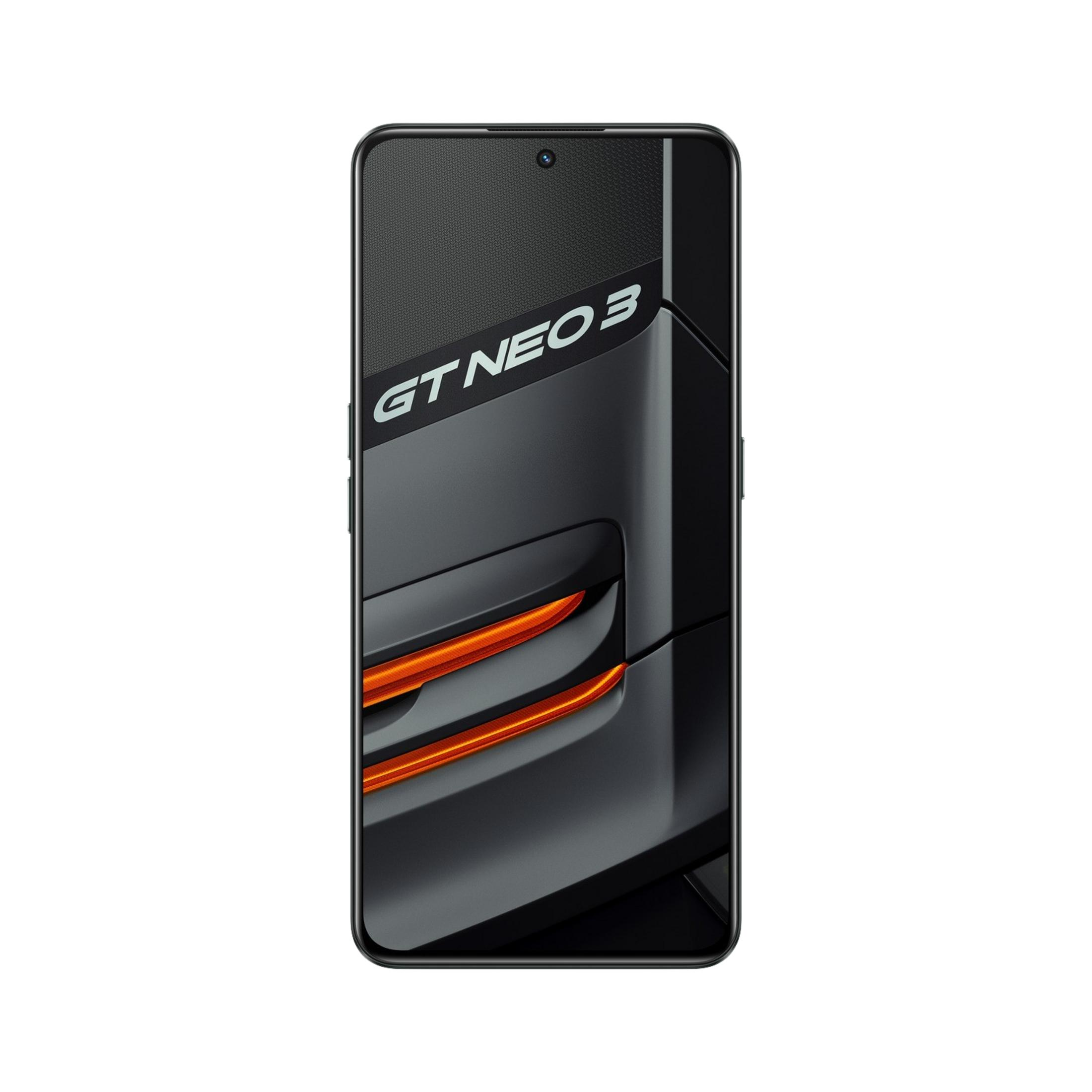 Ein schwarzes Smartphone mit dem Schriftzug "GT NEO 3" und orangefarbenen Akzenten.