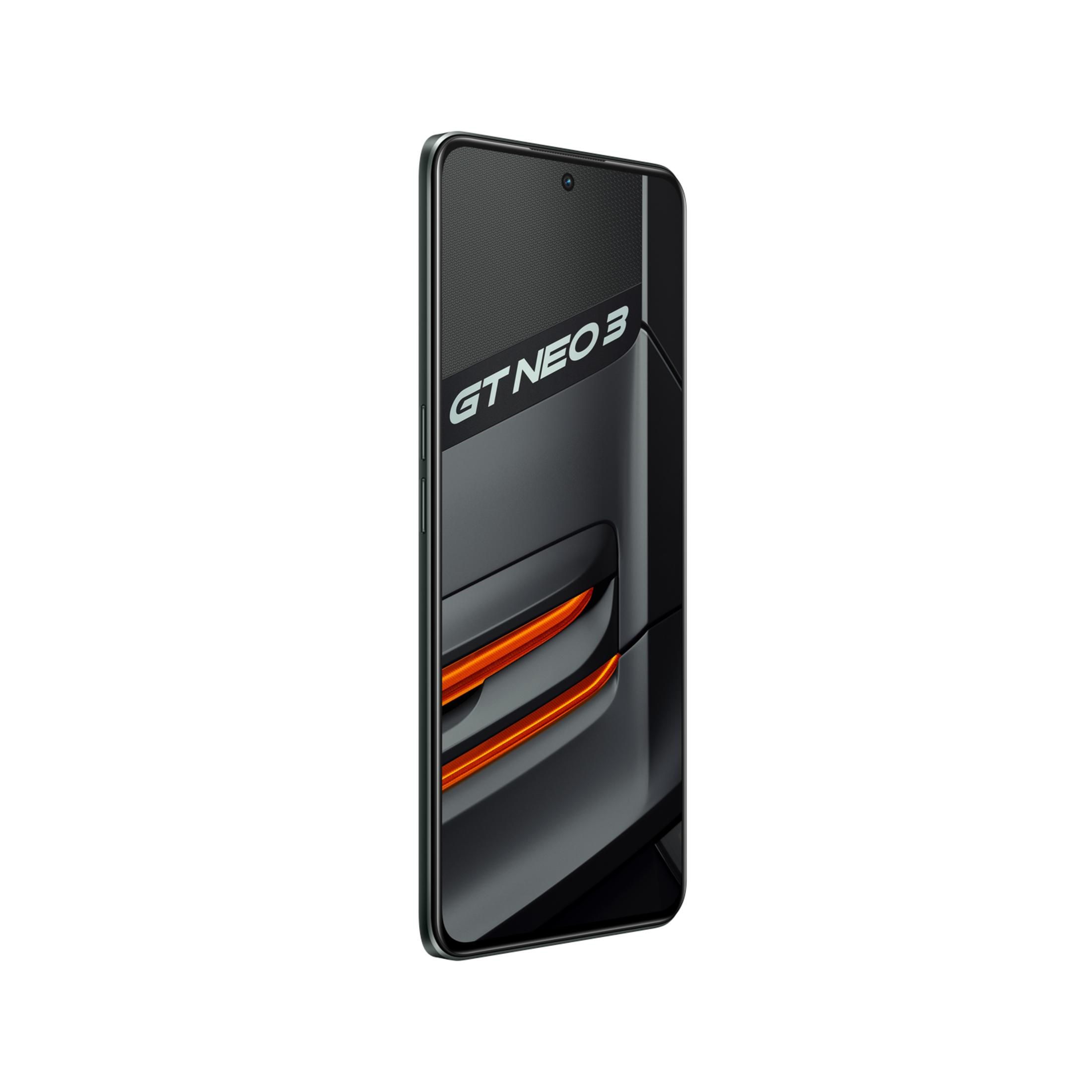 Ein schwarzes Smartphone mit dem Schriftzug GT NEO 3 und roten Akzenten.