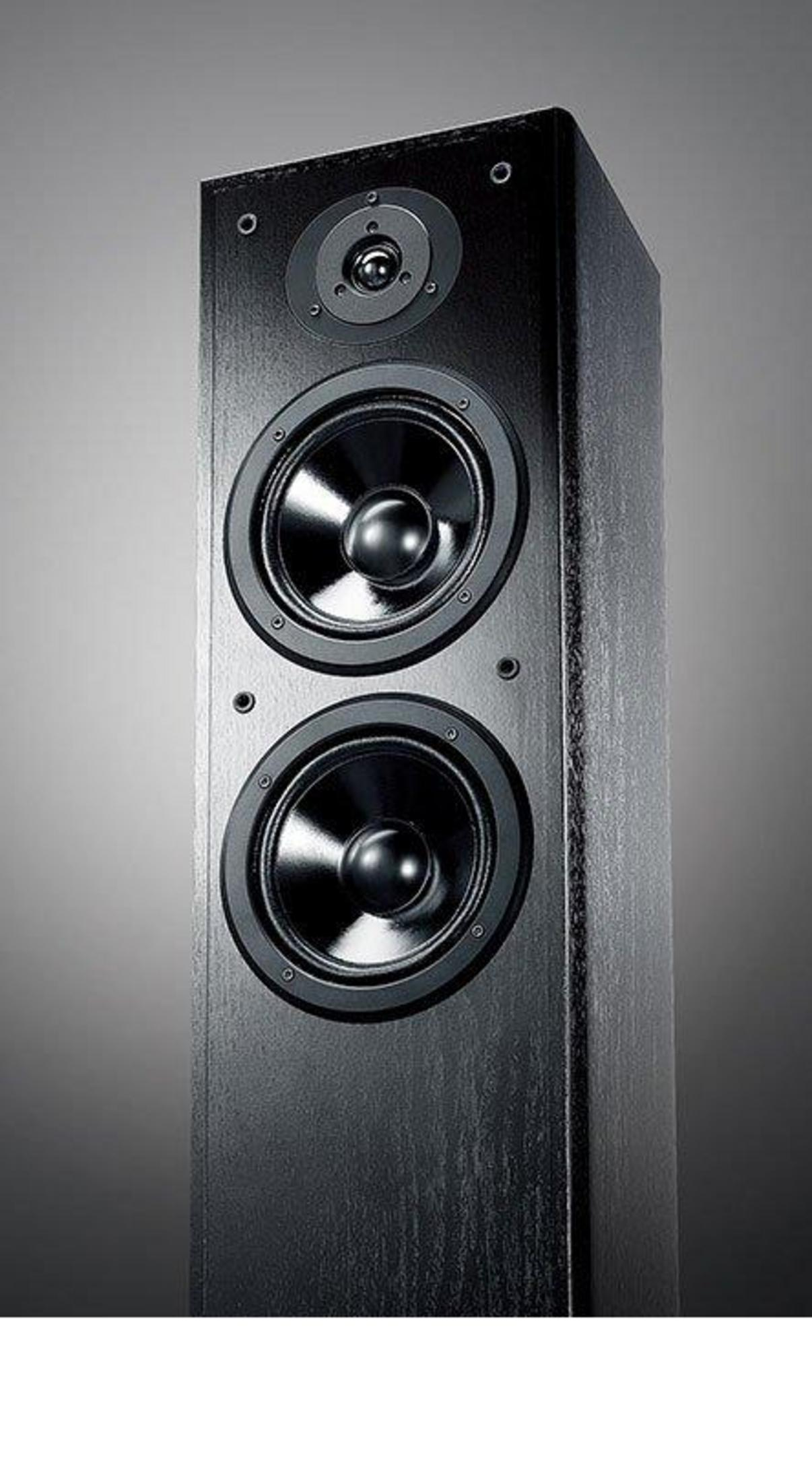 Un altavoz negro alto con un tweeter y dos woofers sobre fondo gris.