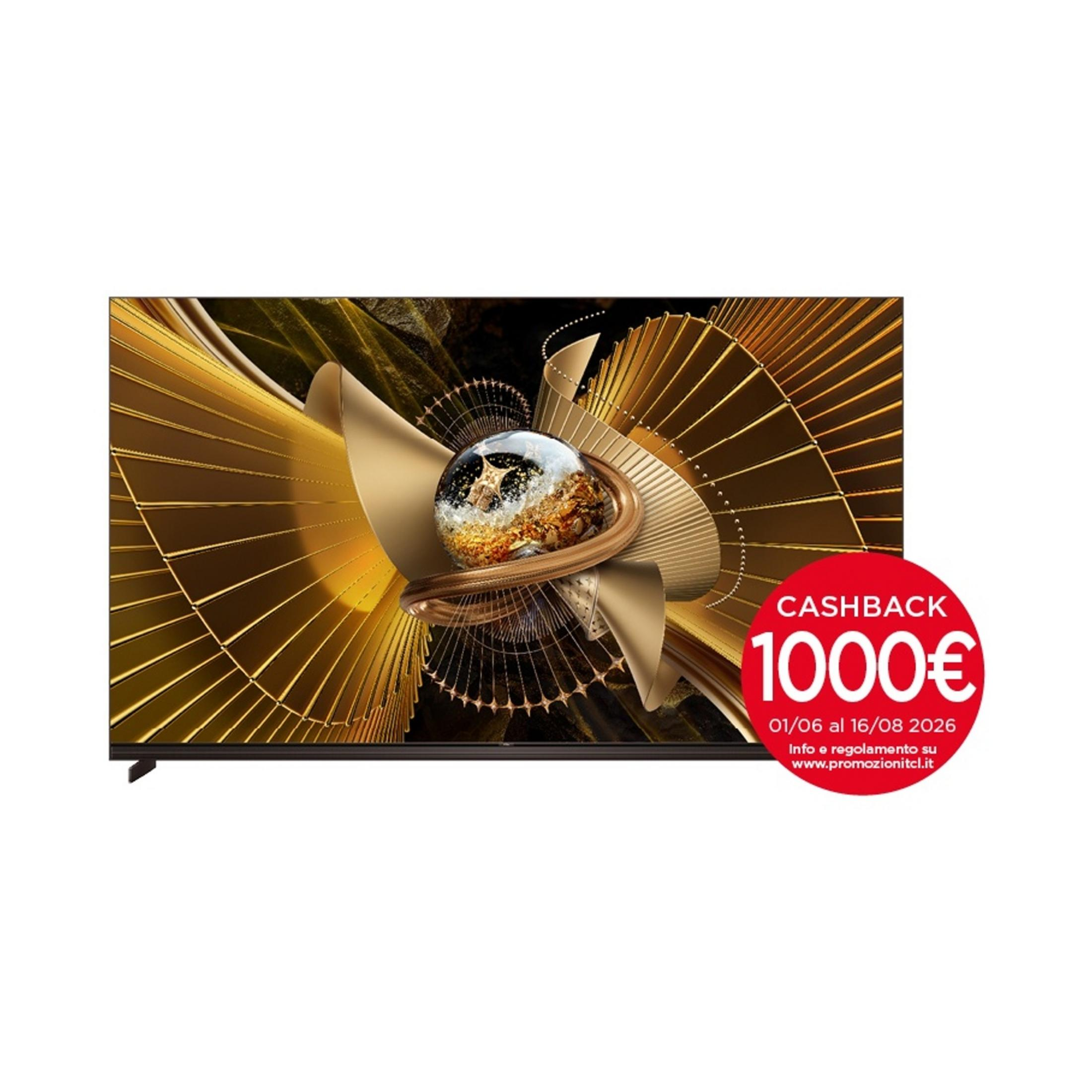 Schermo TV con arte astratta dorata e cerchio rosso che indica 1000€ di cashback.