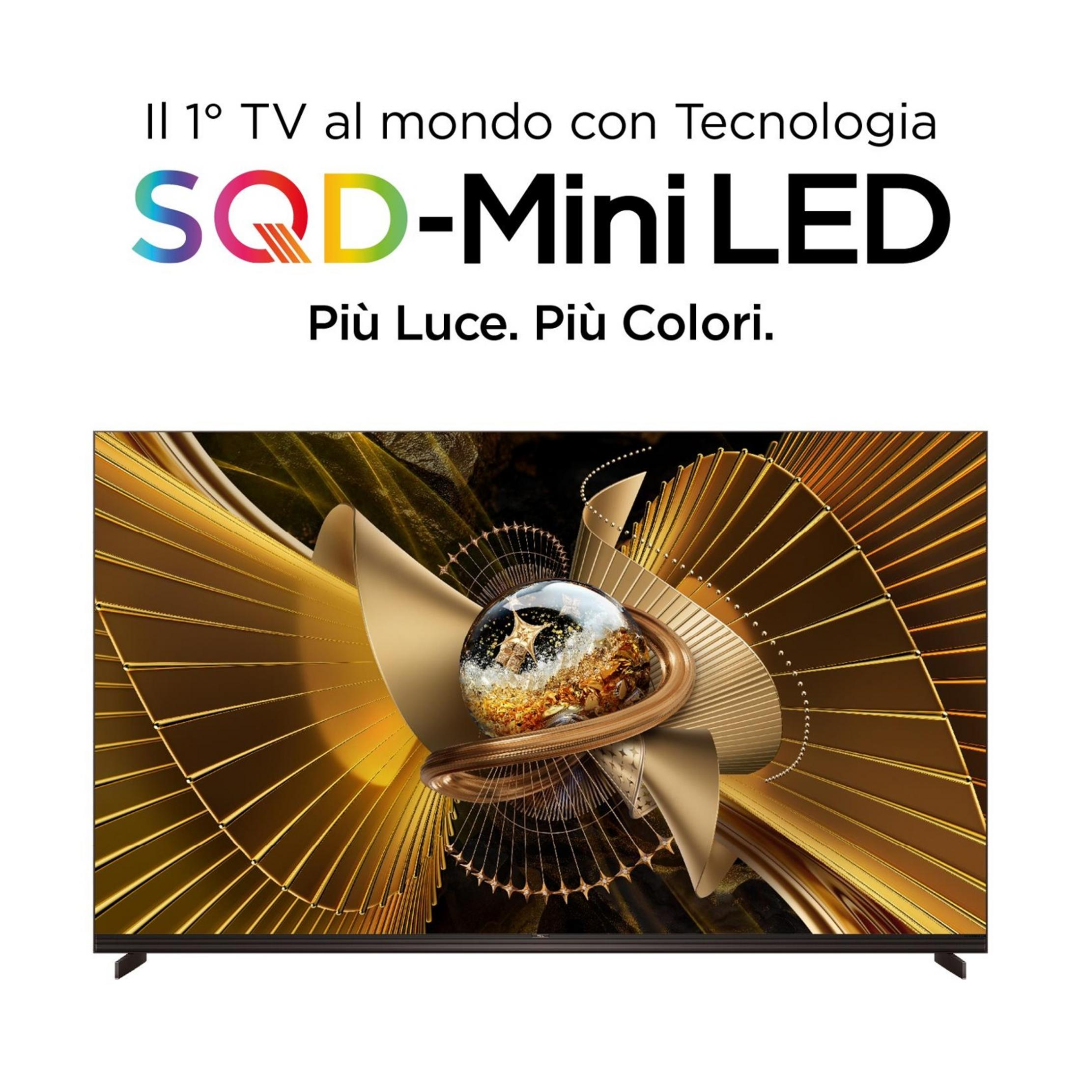 Un TV con tecnologia SQD-Mini LED, raffigurato con arte astratta dorata.