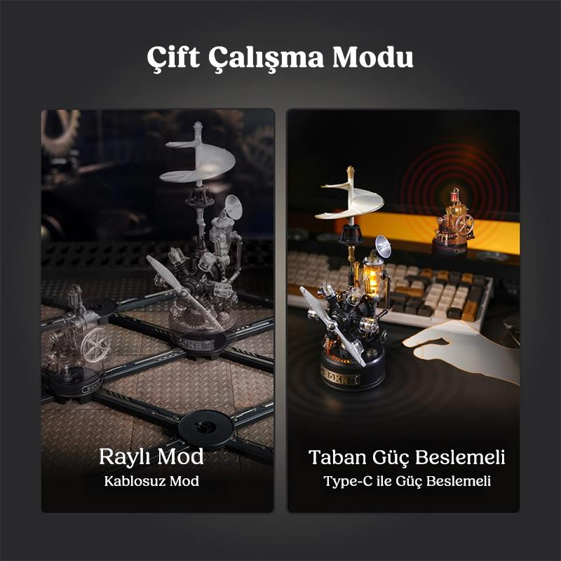 Çift çalışma modu: Raylı Mod (kablosuz) solda, Taban Güç Beslemeli (Type-C) sağda.