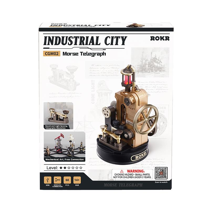 ROKR Industrial City Morse Telgrafı model kit kutusu, steampunk tarzı bir telgraf makinesi içerir.
