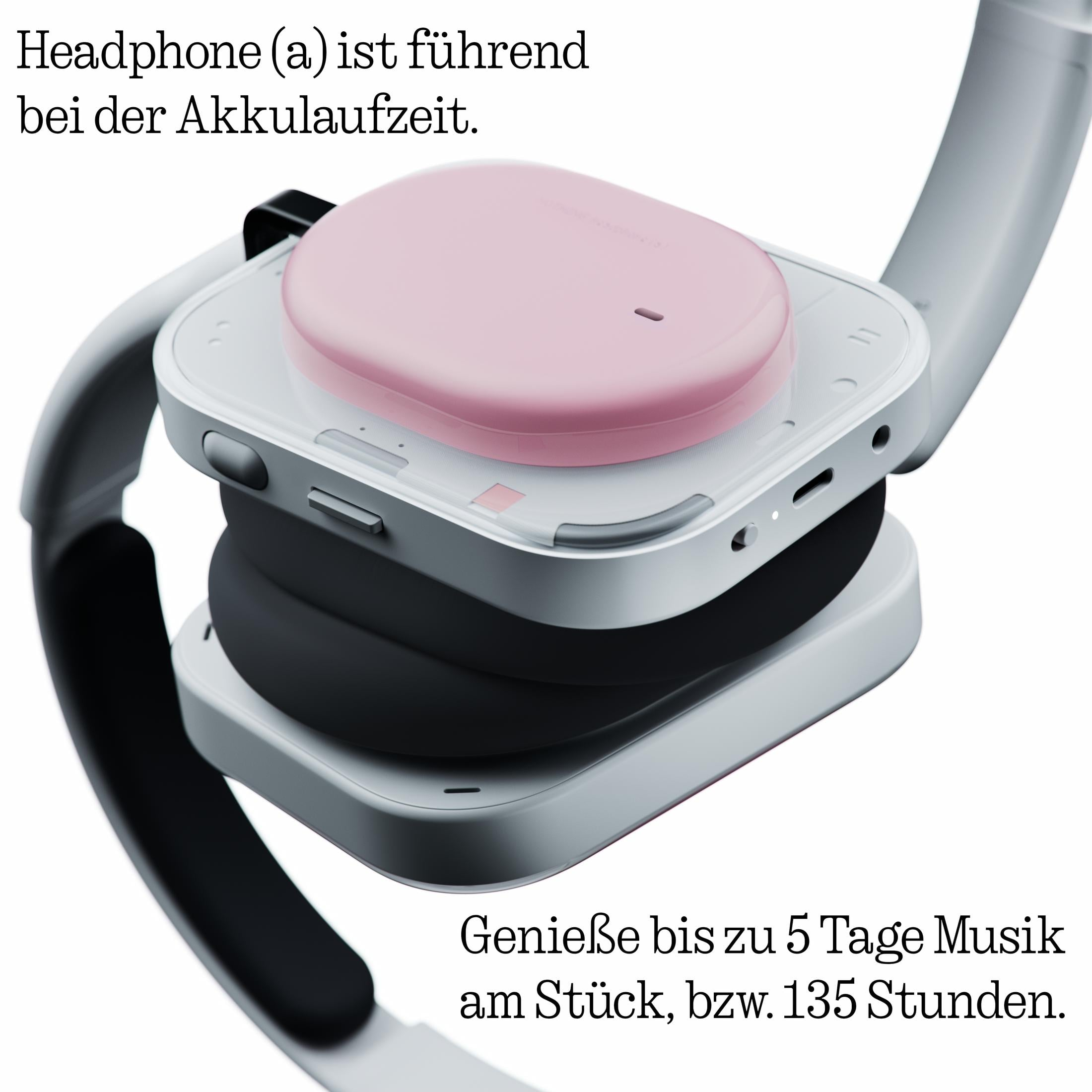 Cuffie bianche-grigie con custodia di ricarica rosa. Lunga durata batteria.