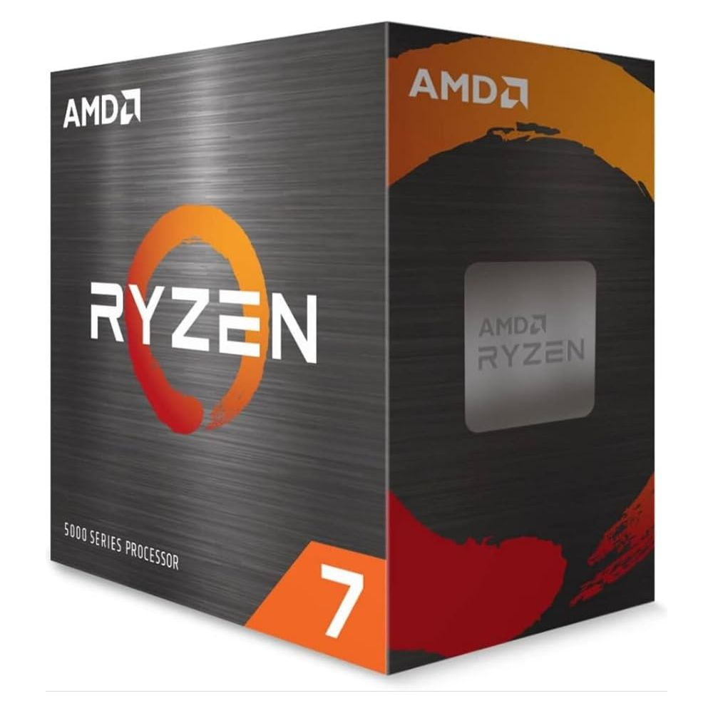 Boîte de processeur AMD Ryzen 7 Série 5000 avec logo AMD et symbole Ryzen.