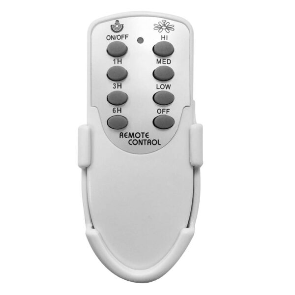 Telecomando bianco con pulsanti ON/OFF, 1H, 3H, 6H, HI, MED, LOW, OFF.