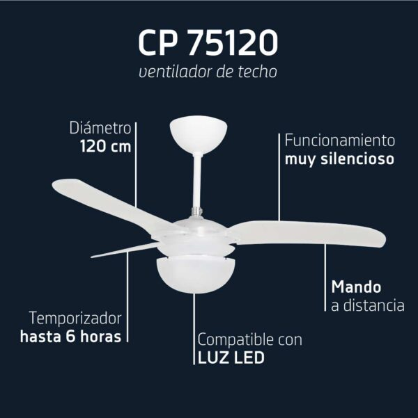 Un ventilatore da soffitto bianco a tre pale, modello CP 75120.