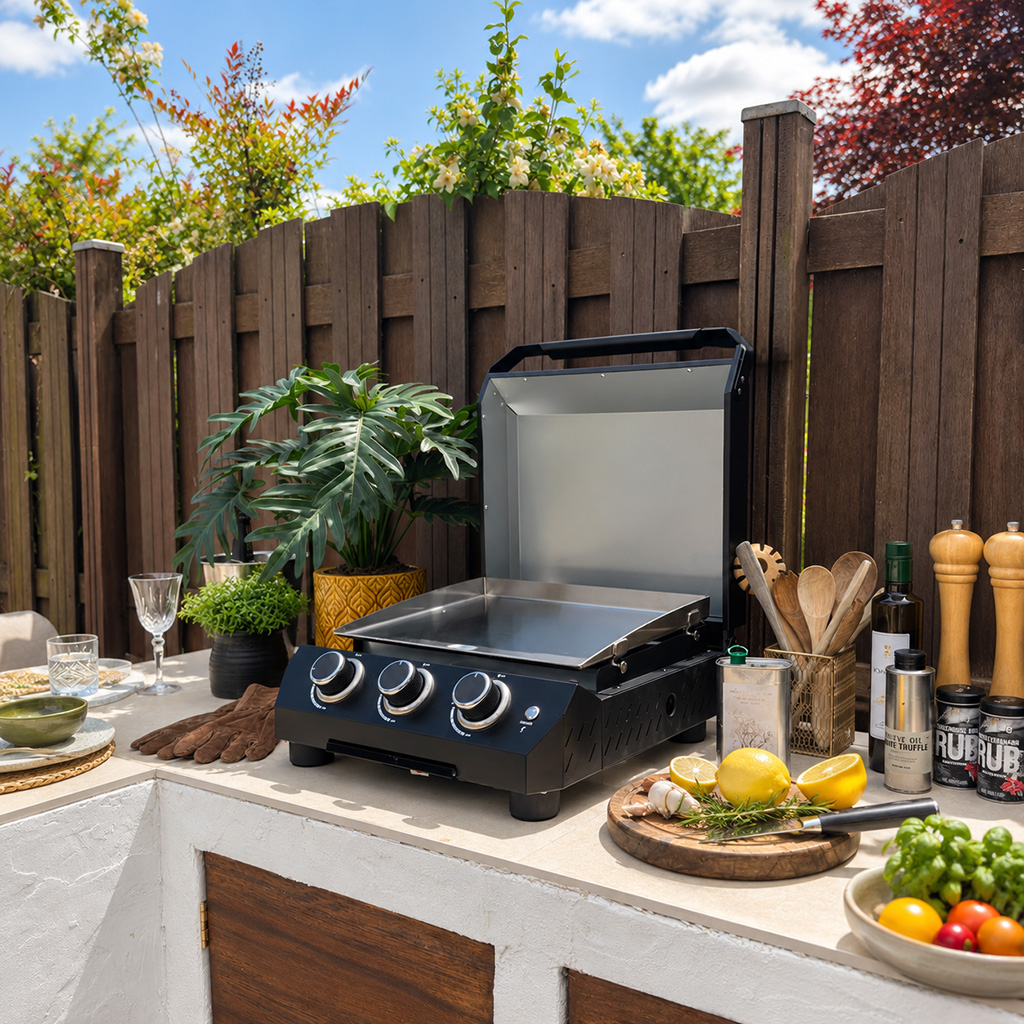 Een open grill met accessoires op een stenen aanrecht voor een houten hek.