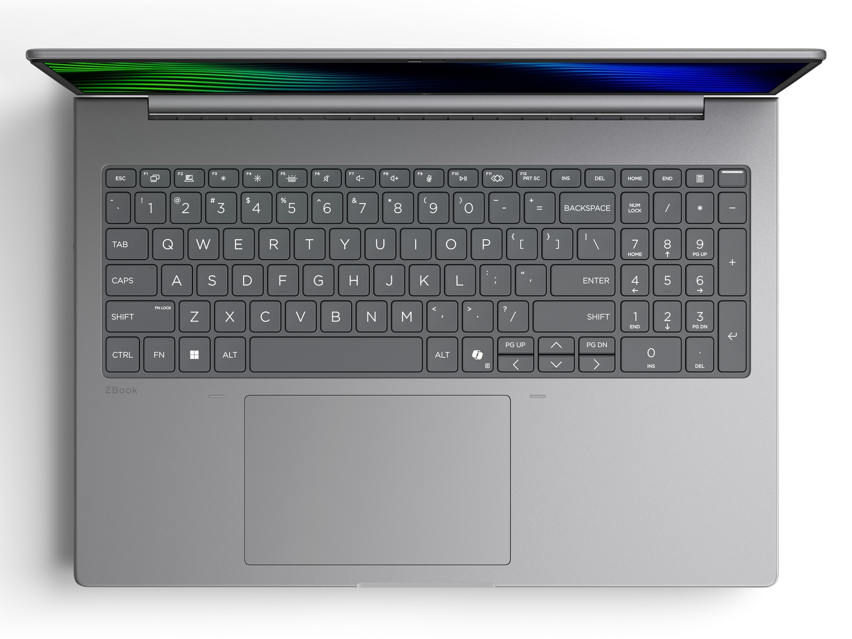Vista dall'alto di un laptop grigio scuro aperto che mostra tastiera, touchpad e schermo con linee verdi e blu.